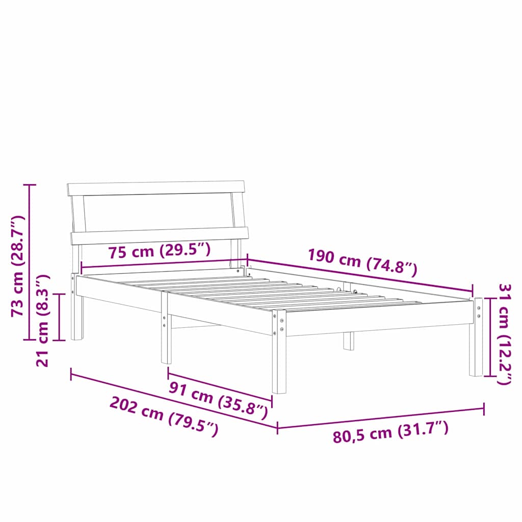 Sengestamme med hodegjerde Brun 75 x 190 cm Massiv furu