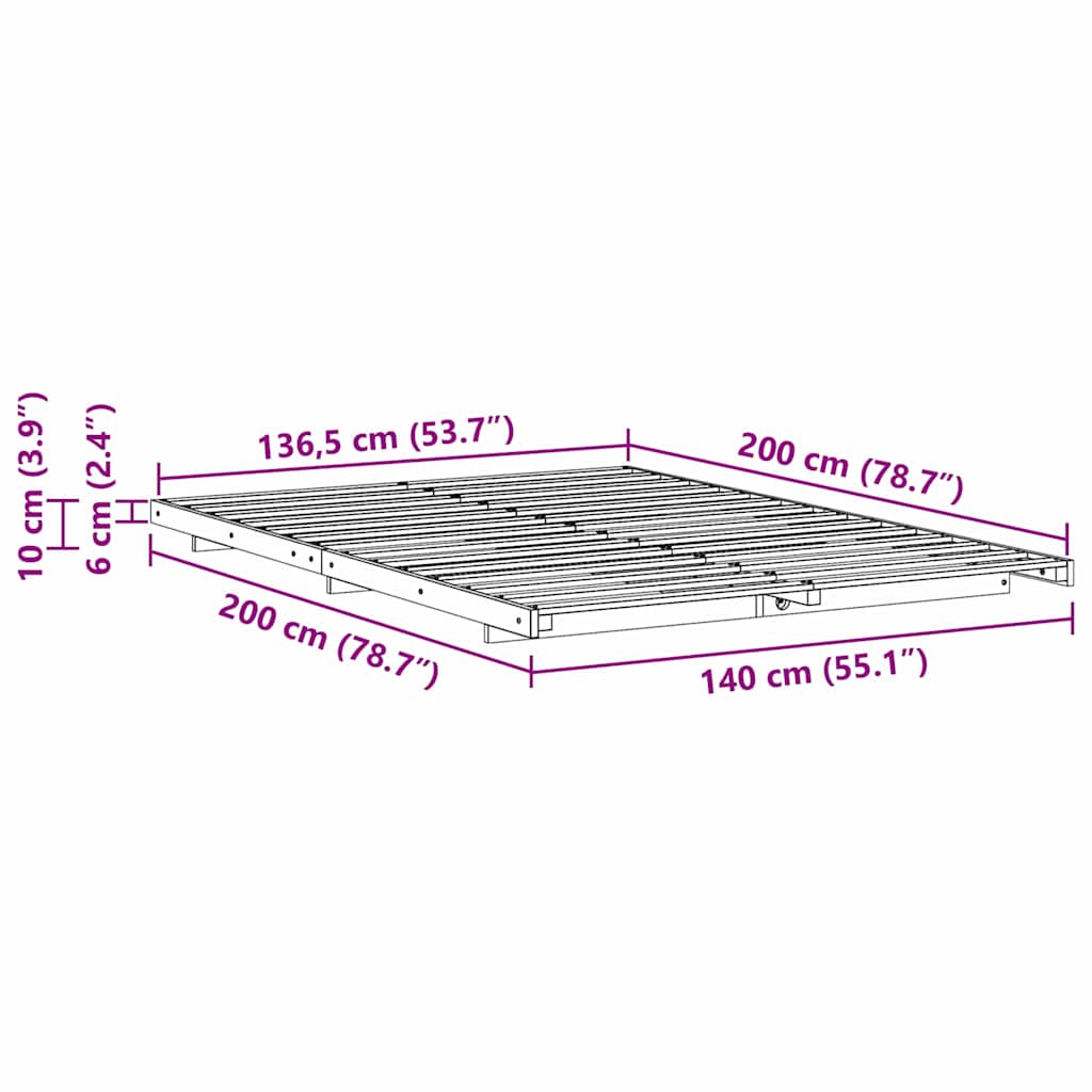 Gulvbedramme Hvit 140 x 200 cm Heltre furu