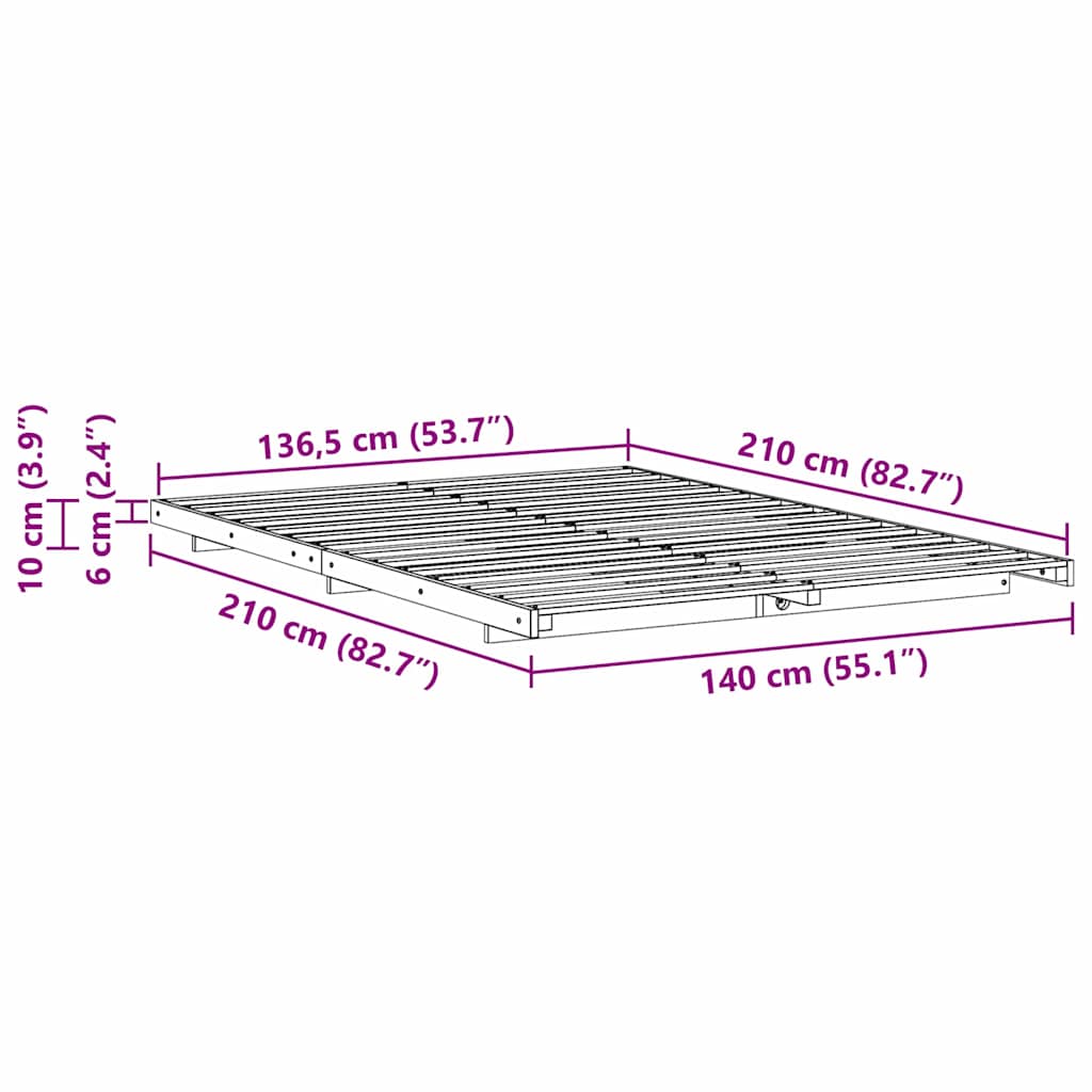 Gulvbedramme Hvit 140 x 210 cm Heltre furu