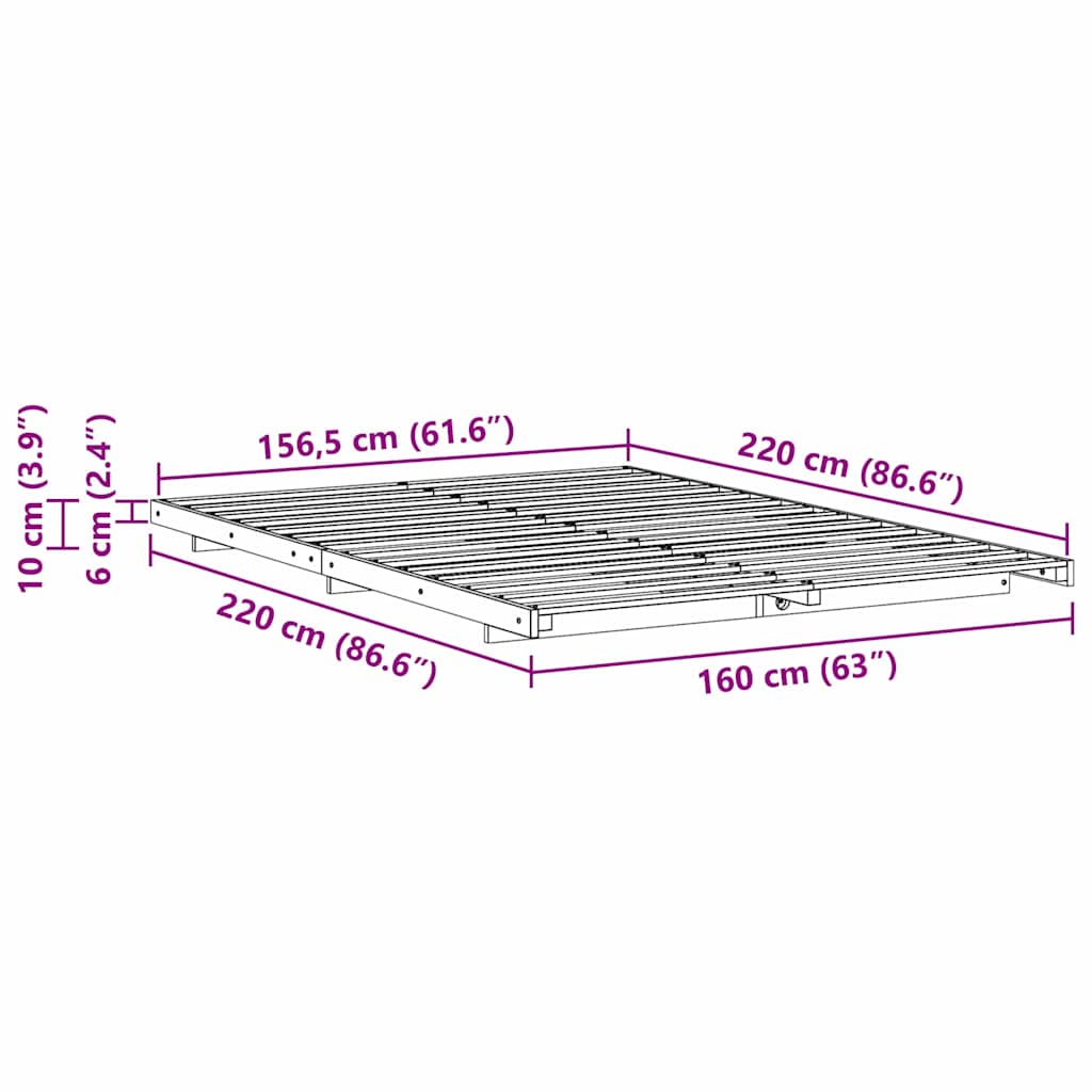 Gulvbedramme Hvit 160 x 220 cm Heltre furu