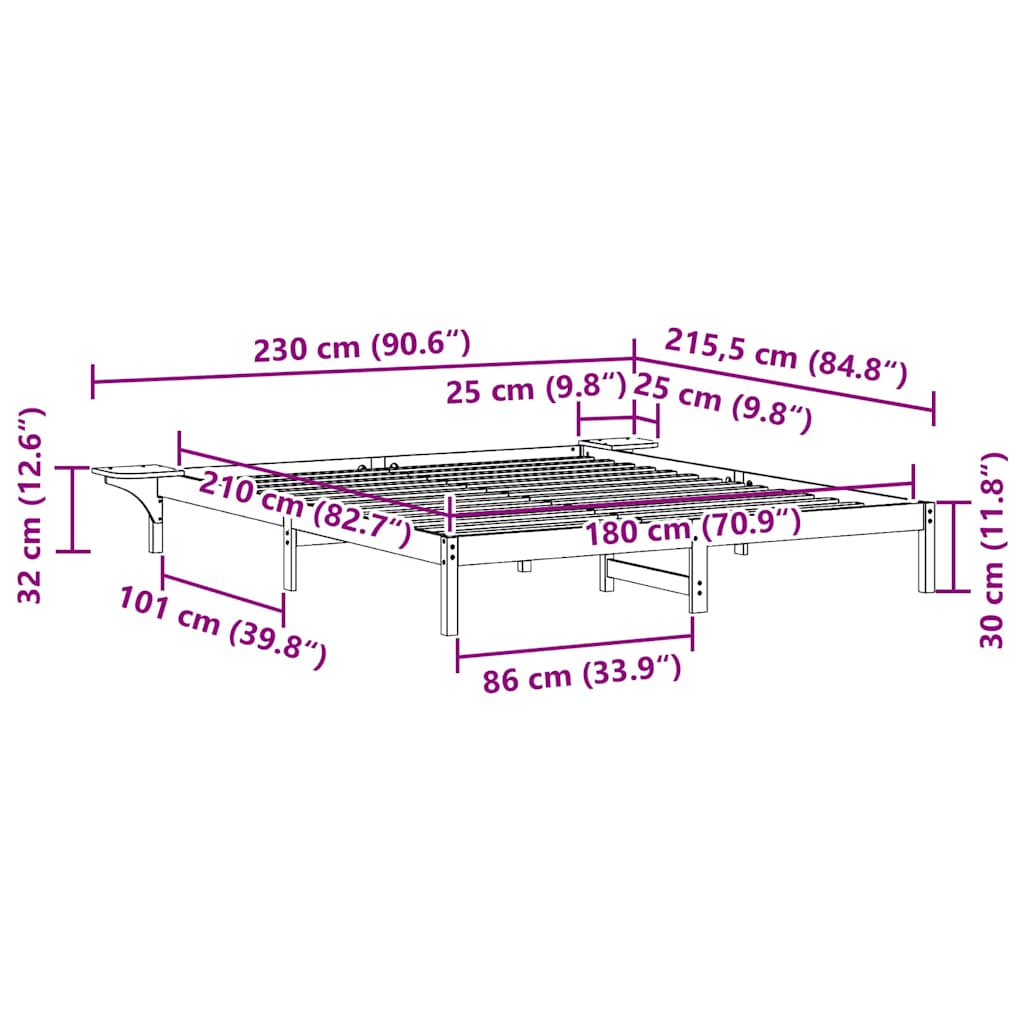 Sengestamme med Sidebord Vokset Brun 180 x 210 cm Massiv furu