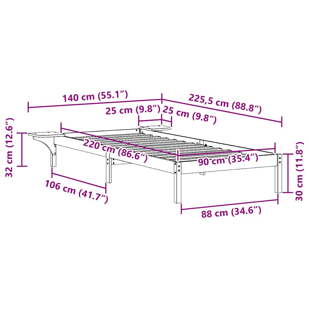 Sengestamme med Sidebord Vokset Brun 90 x 220 cm Massiv furu