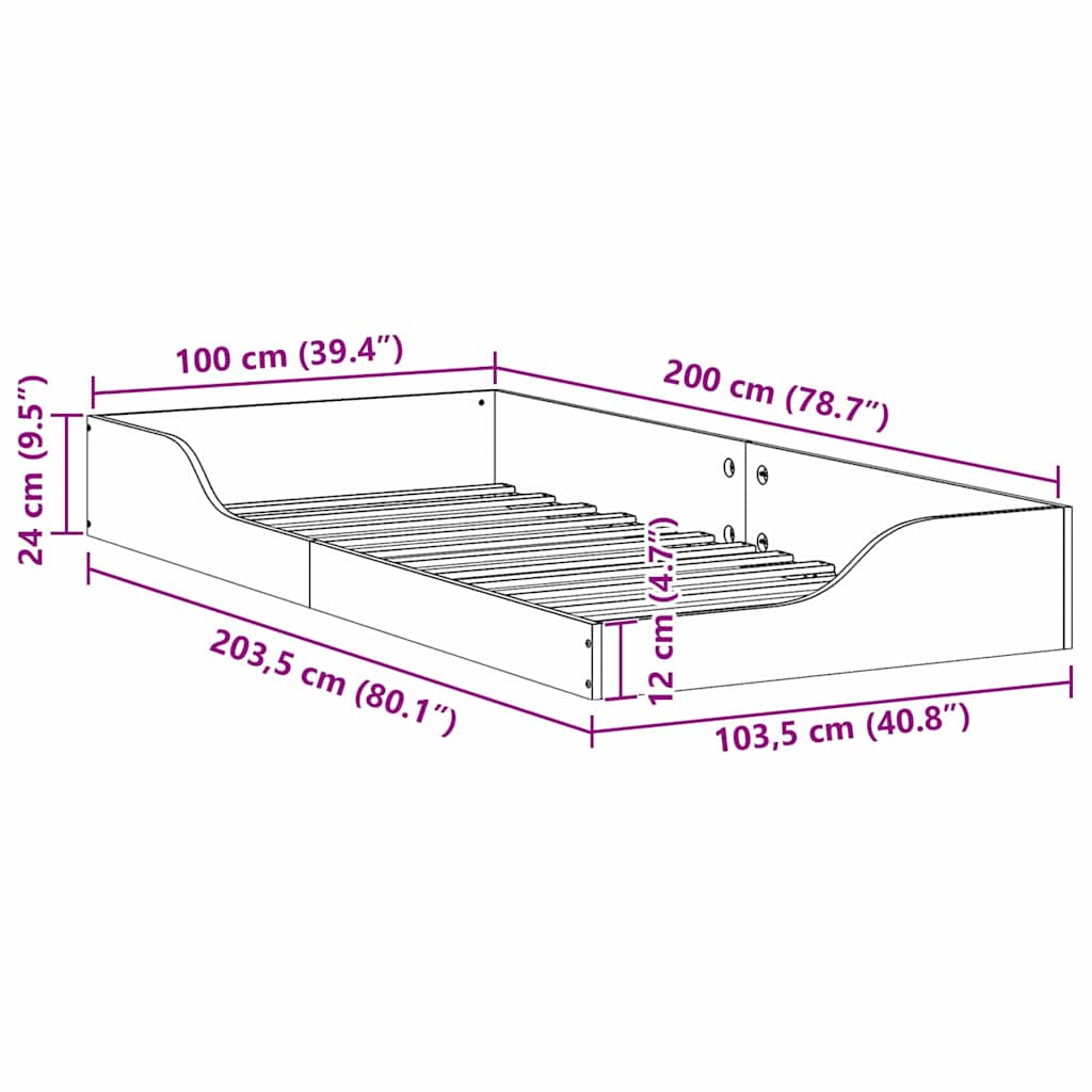 Gulvbedramme Hvit 100 x 200 cm Heltre furu