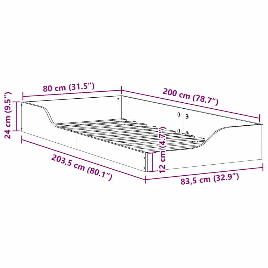 Gulvbedramme Hvit 80 x 200 cm Heltre furu