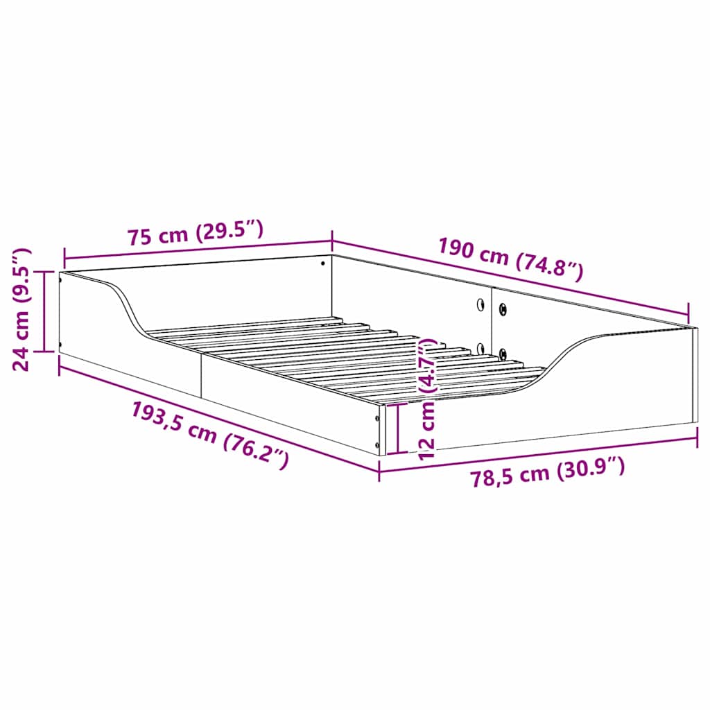 Gulvbedramme Hvit 75 x 190 cm Heltre furu