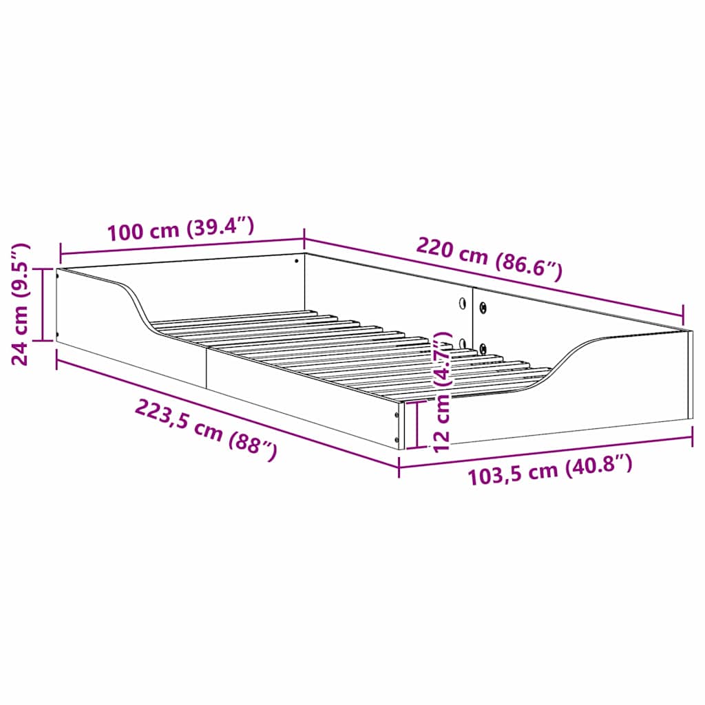 Gulvbedramme Hvit 100 x 220 cm Heltre furu