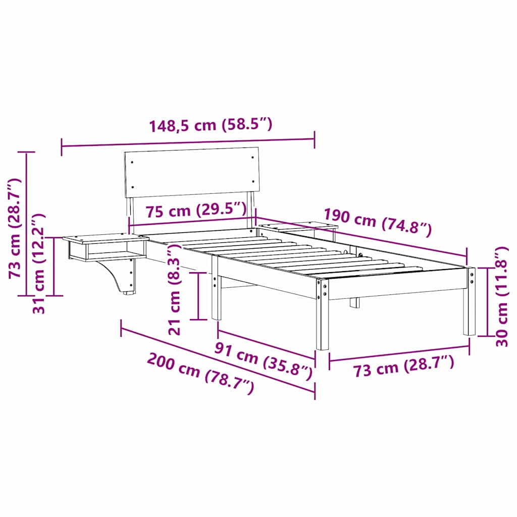 Sengestamme med hodegjerde Hvit 75 x 190 cm Massiv furu