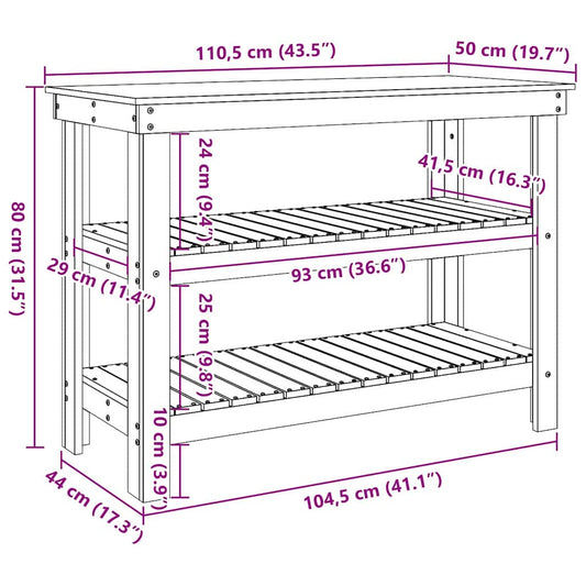 Arbeidsbenk med hylle Voksbrun 110,5 x 50 x 80 cm Heltre furu