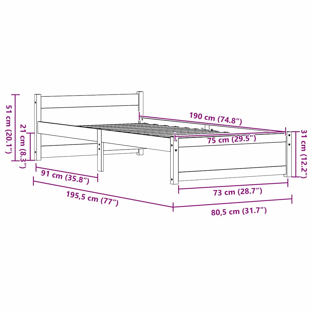 Sengestamme med hodegjerde Voksbrun 75 x 190 cm Heltre furu