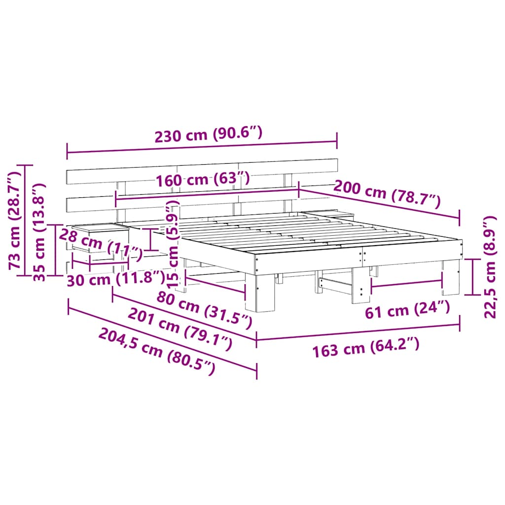 Sengestamme med hodegjerde Brun 160 x 200 cm Massiv furu