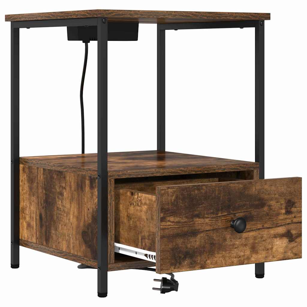 Nattbord med ladestasjon med skuff Røkt eik Konstruert tre