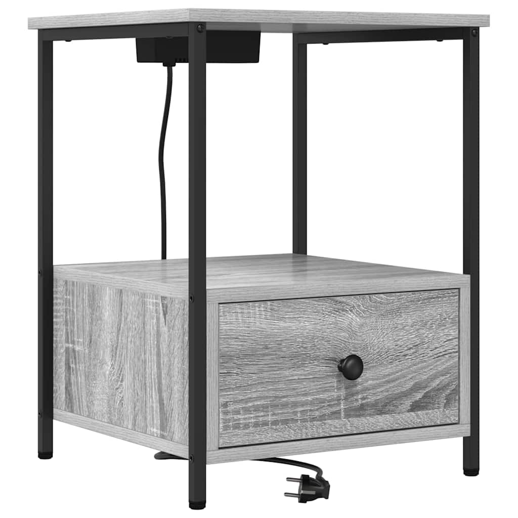 Nattbord med ladestasjon med skuff Grå sonoma Konstruert tre