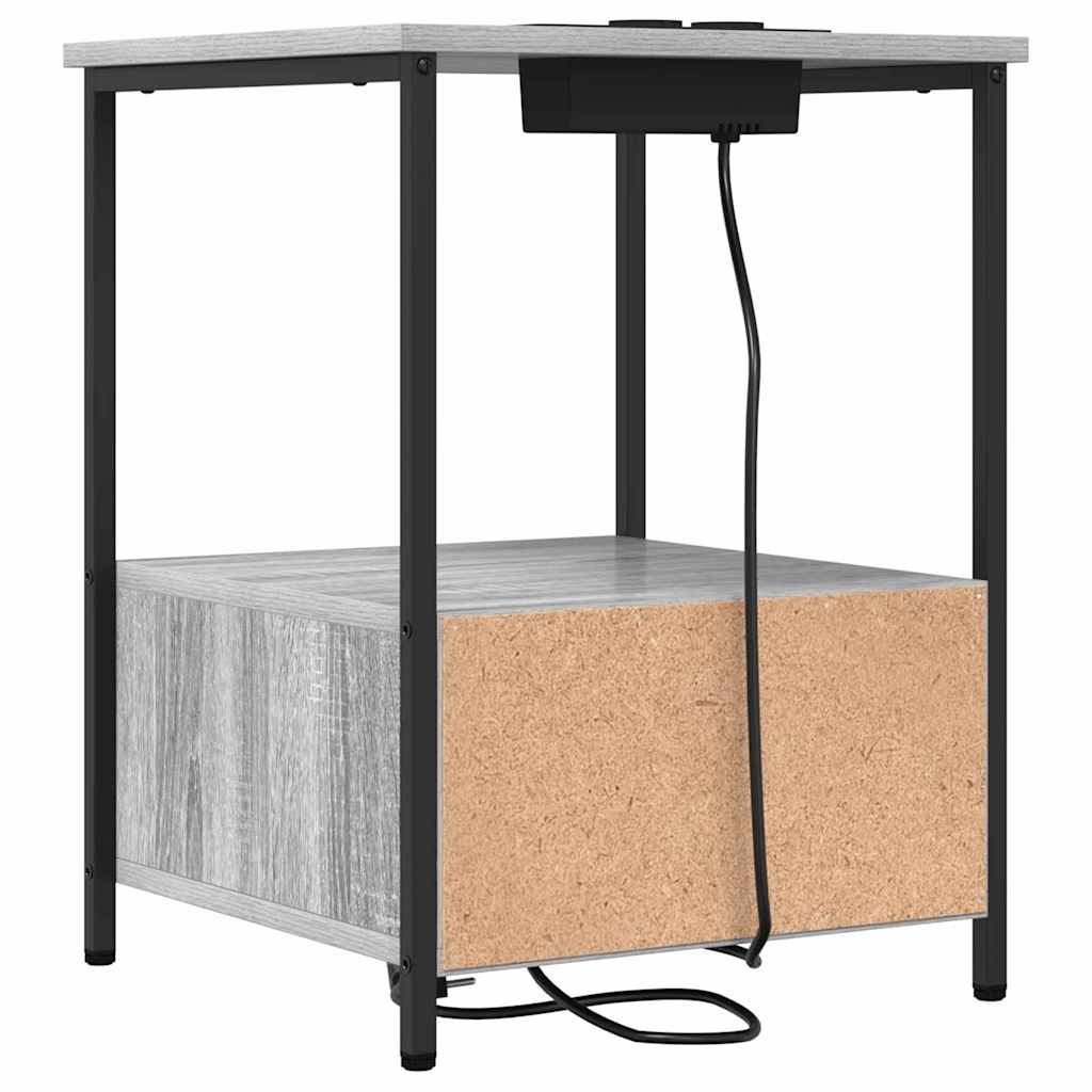 Nattbord med ladestasjon med skuff Grå sonoma Konstruert tre