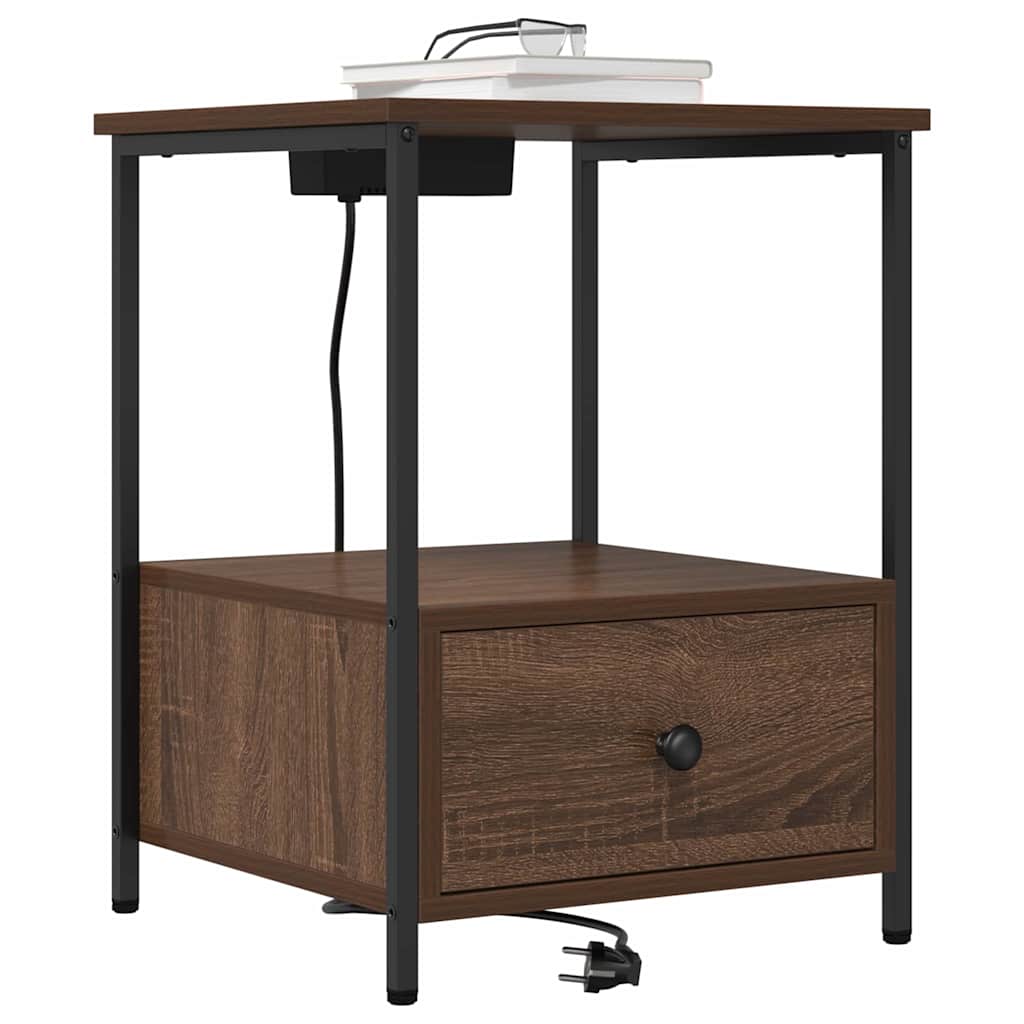 Nattbord med ladestasjon med skuff brun eik Konstruert tre