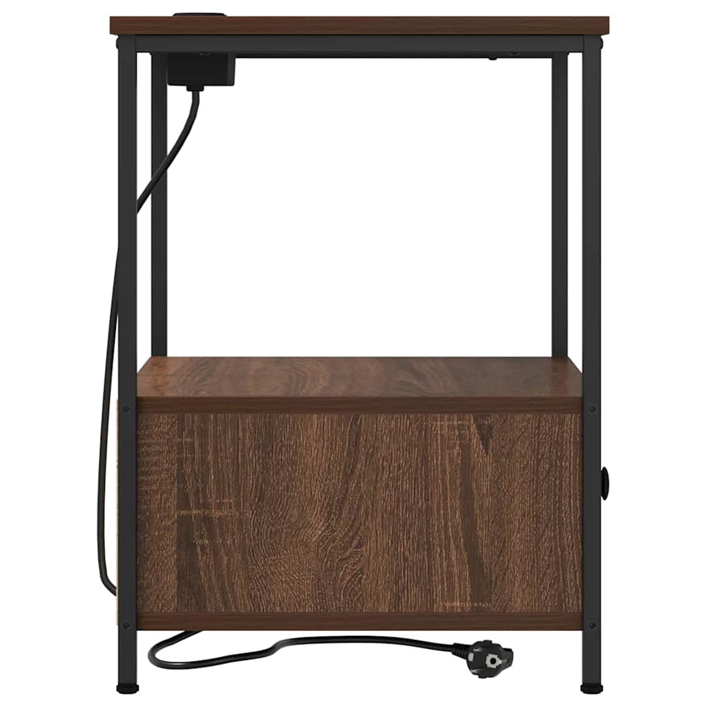 Nattbord med ladestasjon med skuff brun eik Konstruert tre