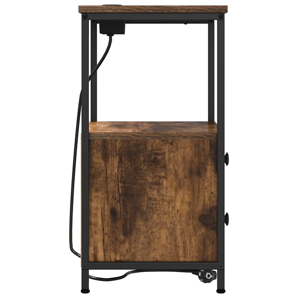 Nattbord med ladestasjon med skuff Røkt eik Konstruert tre