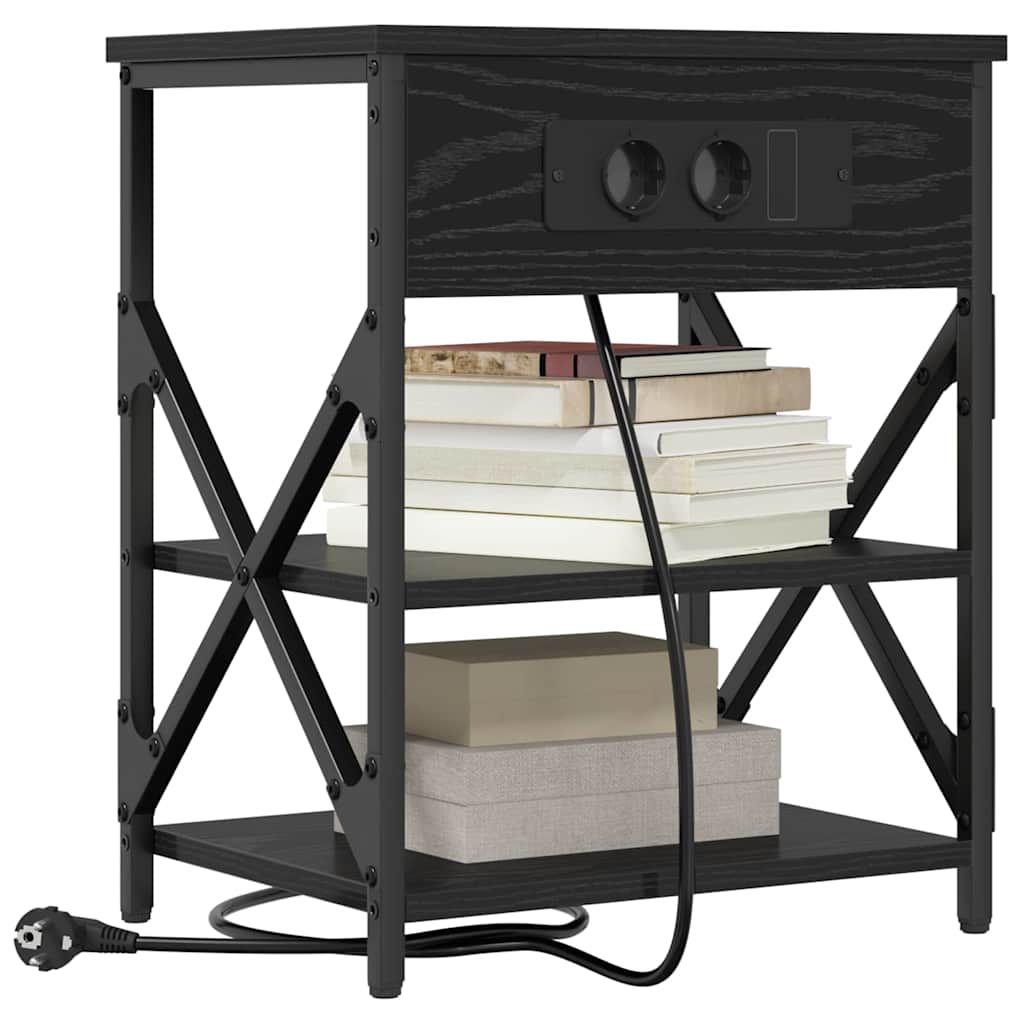 Nattbord med ladestasjon med hylle Svart eik Konstruert tre