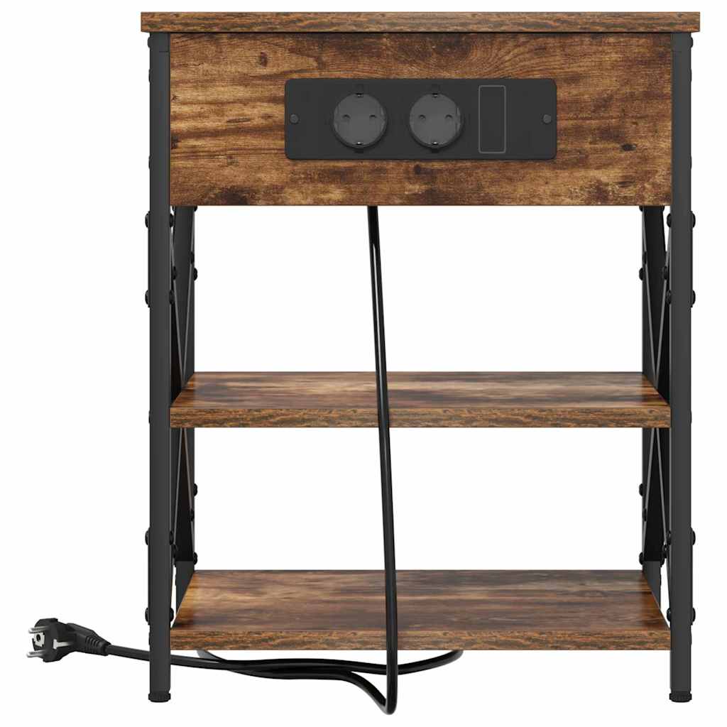 Nattbord med ladestasjon med hylle Røkt eik Konstruert tre