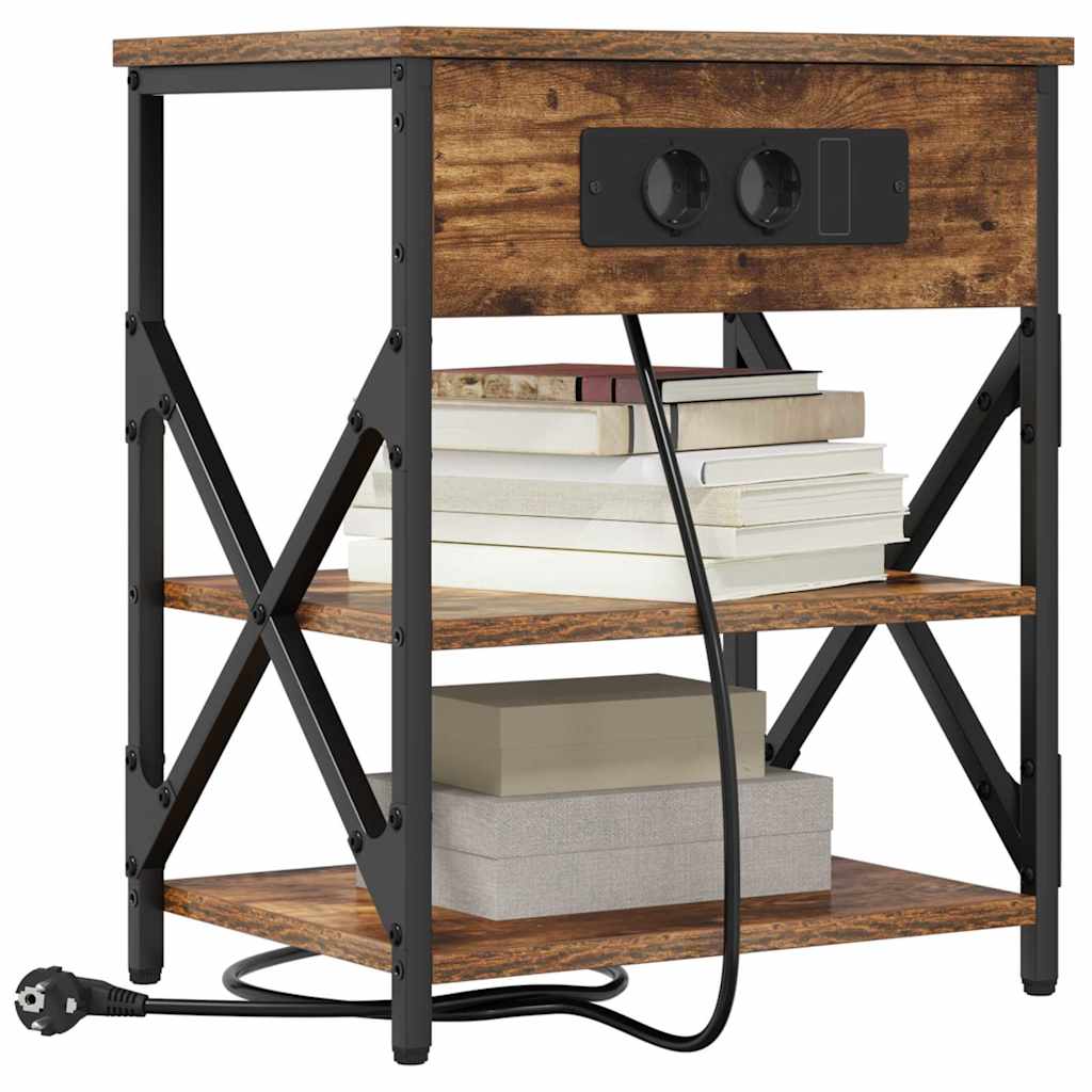 Nattbord med ladestasjon med hylle Røkt eik Konstruert tre