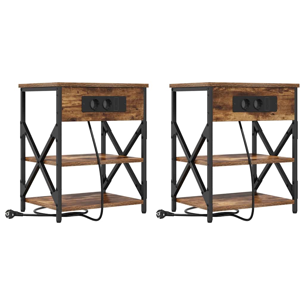 Nattbord med ladestasjon med hylle Røkt eik Konstruert tre