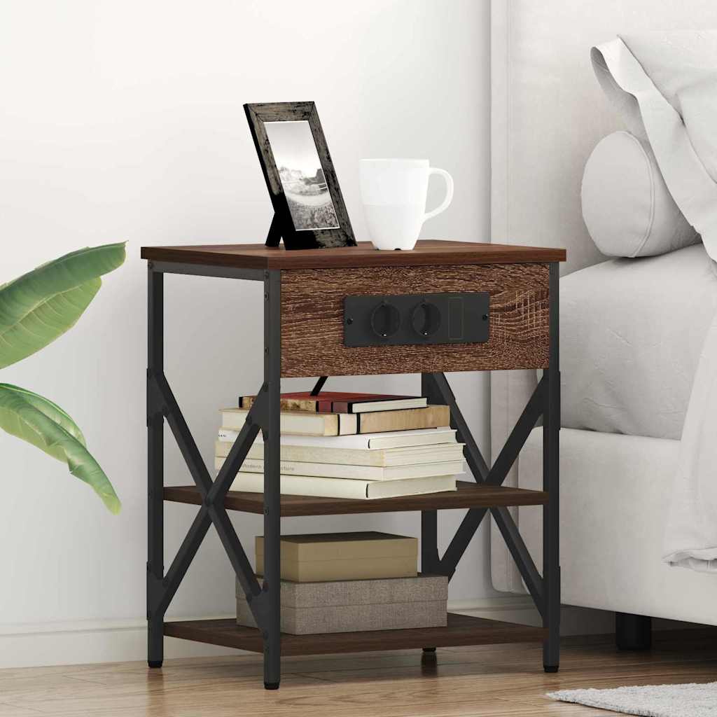 Nattbord med ladestasjon med hylle brun eik Konstruert tre