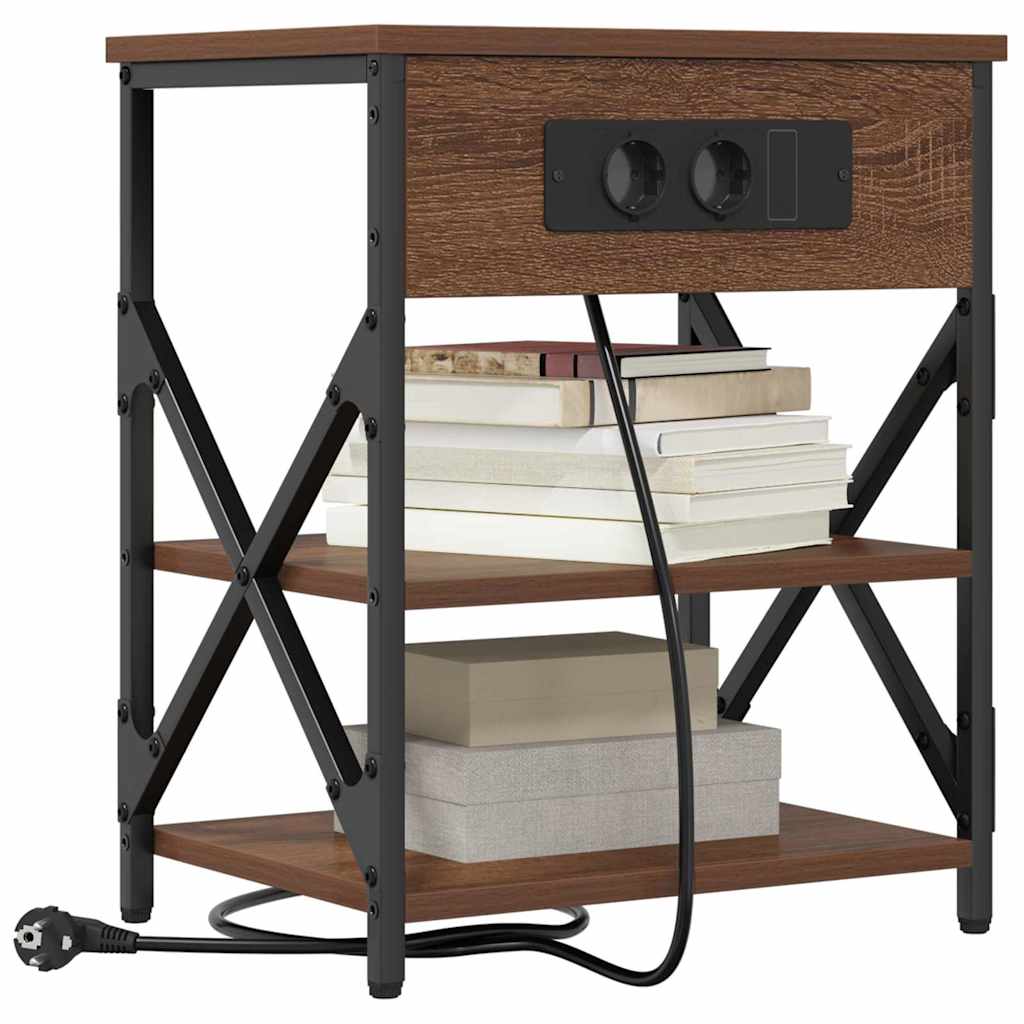 Nattbord med ladestasjon med hylle brun eik Konstruert tre