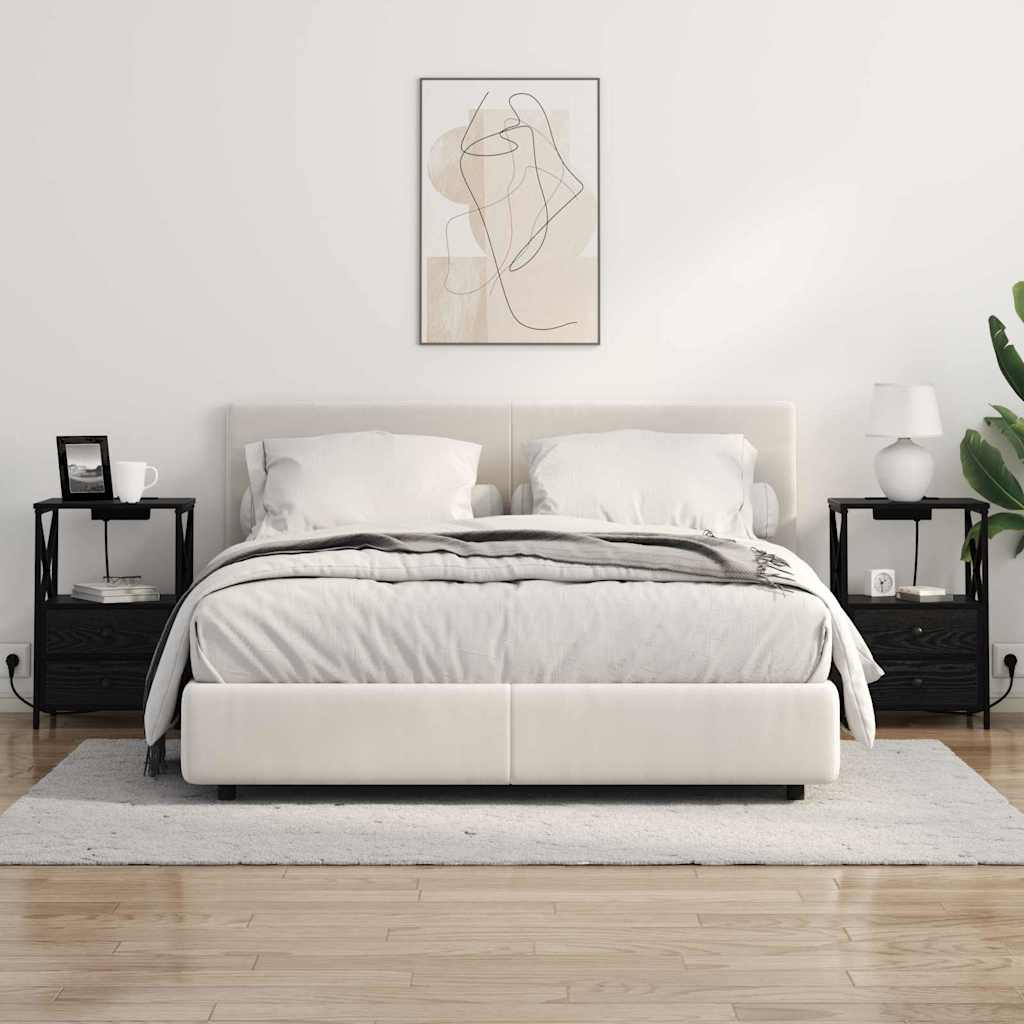 Nattbord med ladestasjon med skuff Svart eik Konstruert tre