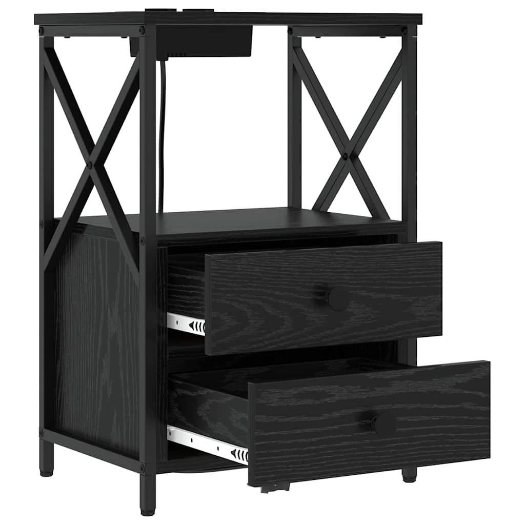 Nattbord med ladestasjon med skuff Svart eik Konstruert tre