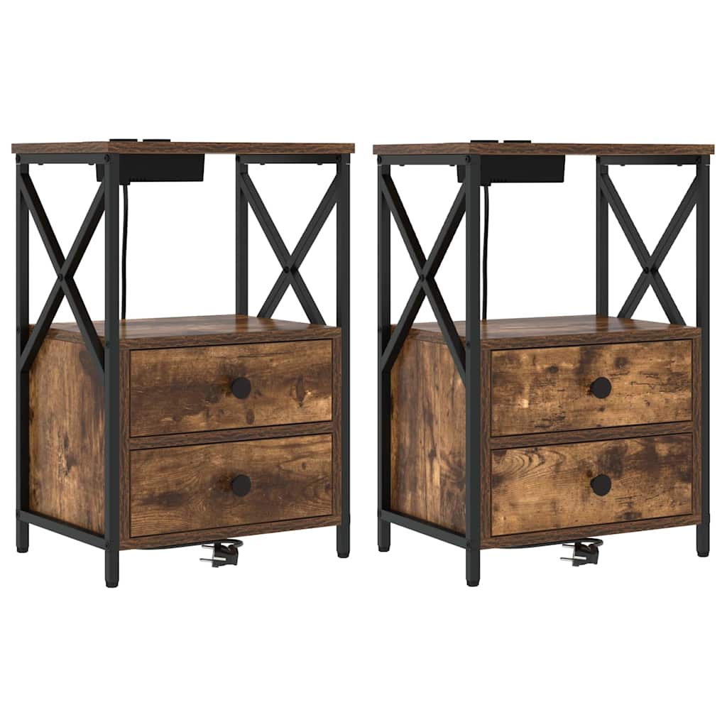 Nattbord med ladestasjon med skuff Røkt eik Konstruert tre