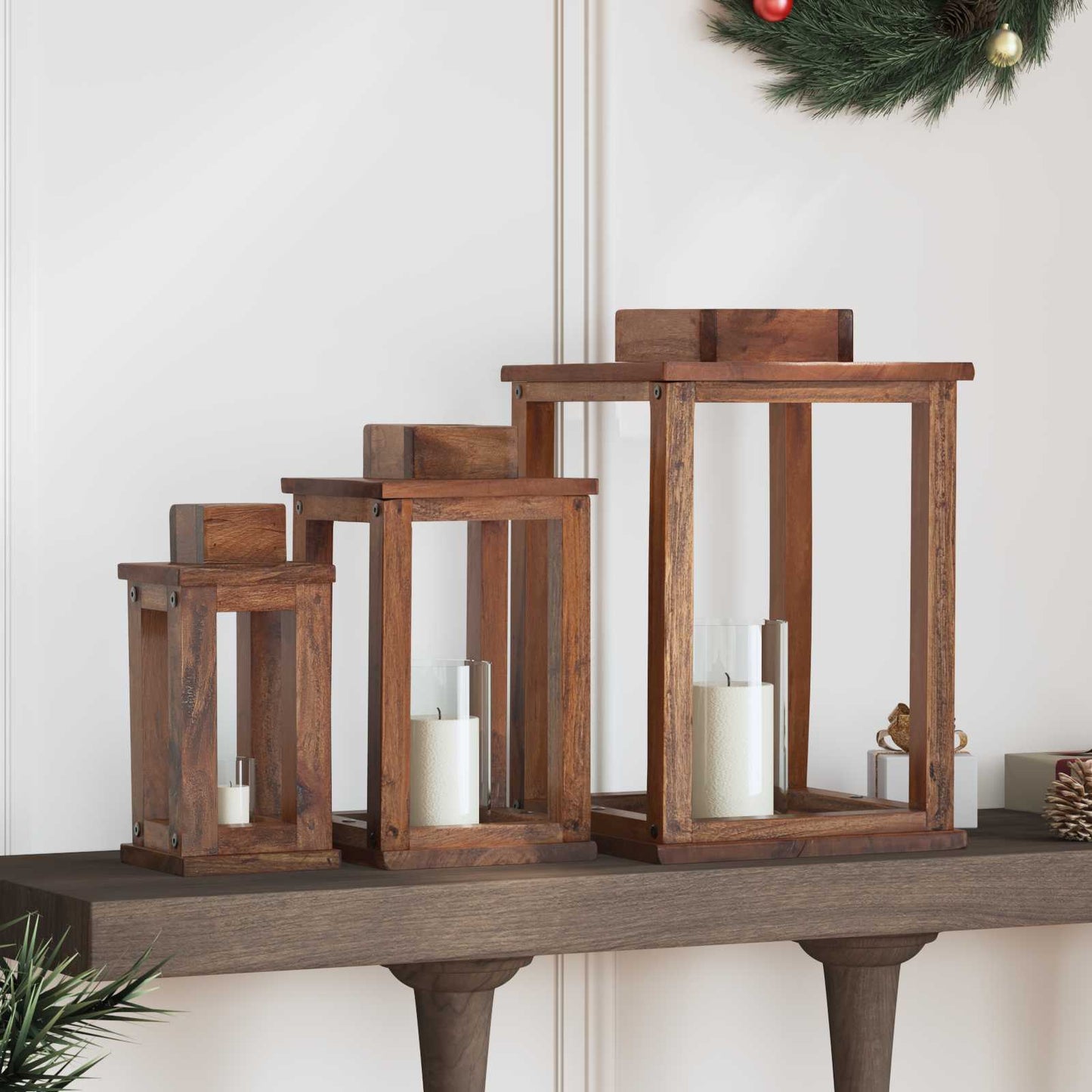 Lanterne 3 pcs Naturlig Mahogni Tre