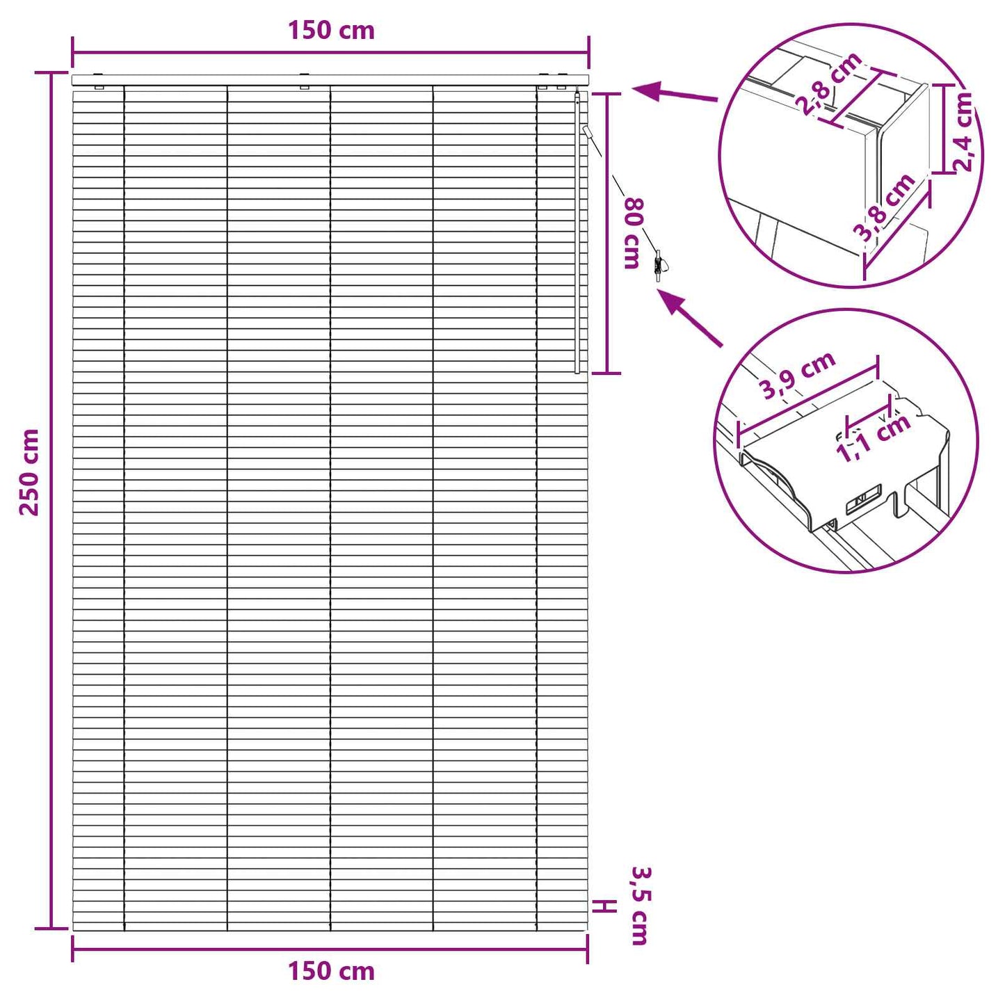Venetiansk persienne Eikefinér 150 x 250 cm 35 mm