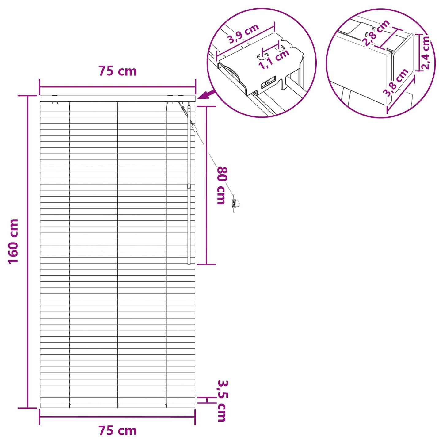Venetiansk persienne Hvit 75 x 160 cm 35 mm