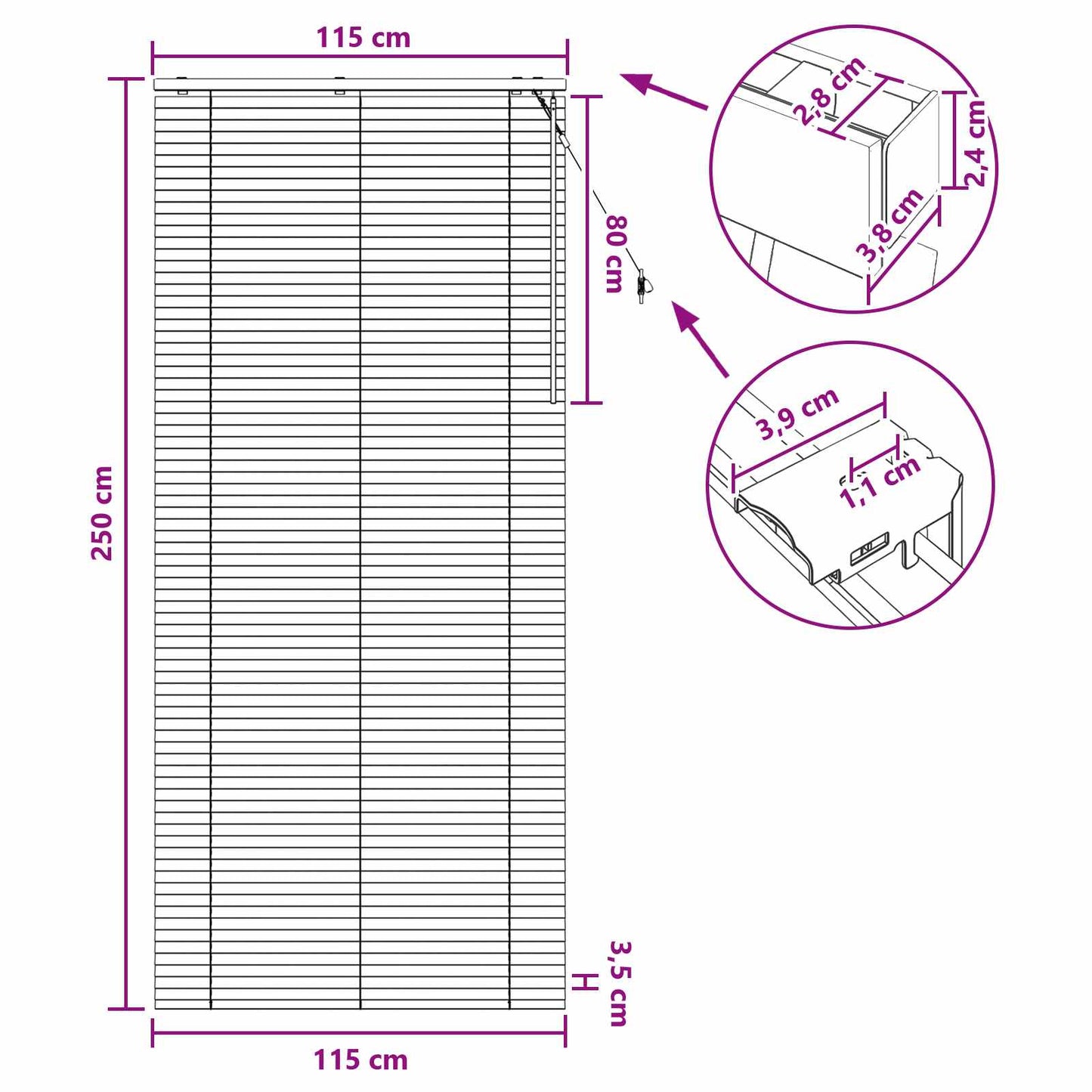 Venetiansk persienne Hvit 115 x 250 cm 35 mm