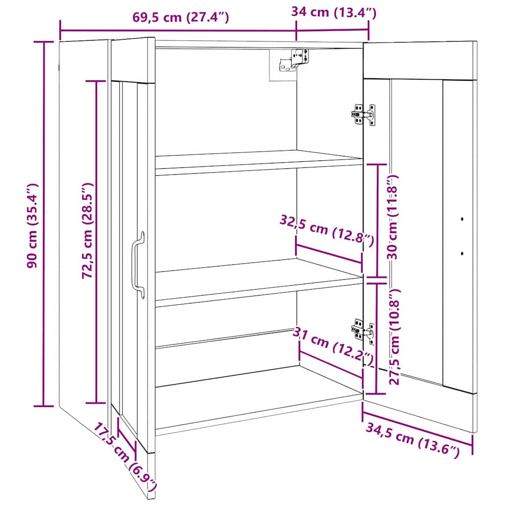 Oppbevaringsskap Veggmontert Svart Eik 69,5 x 34 x 90 cm