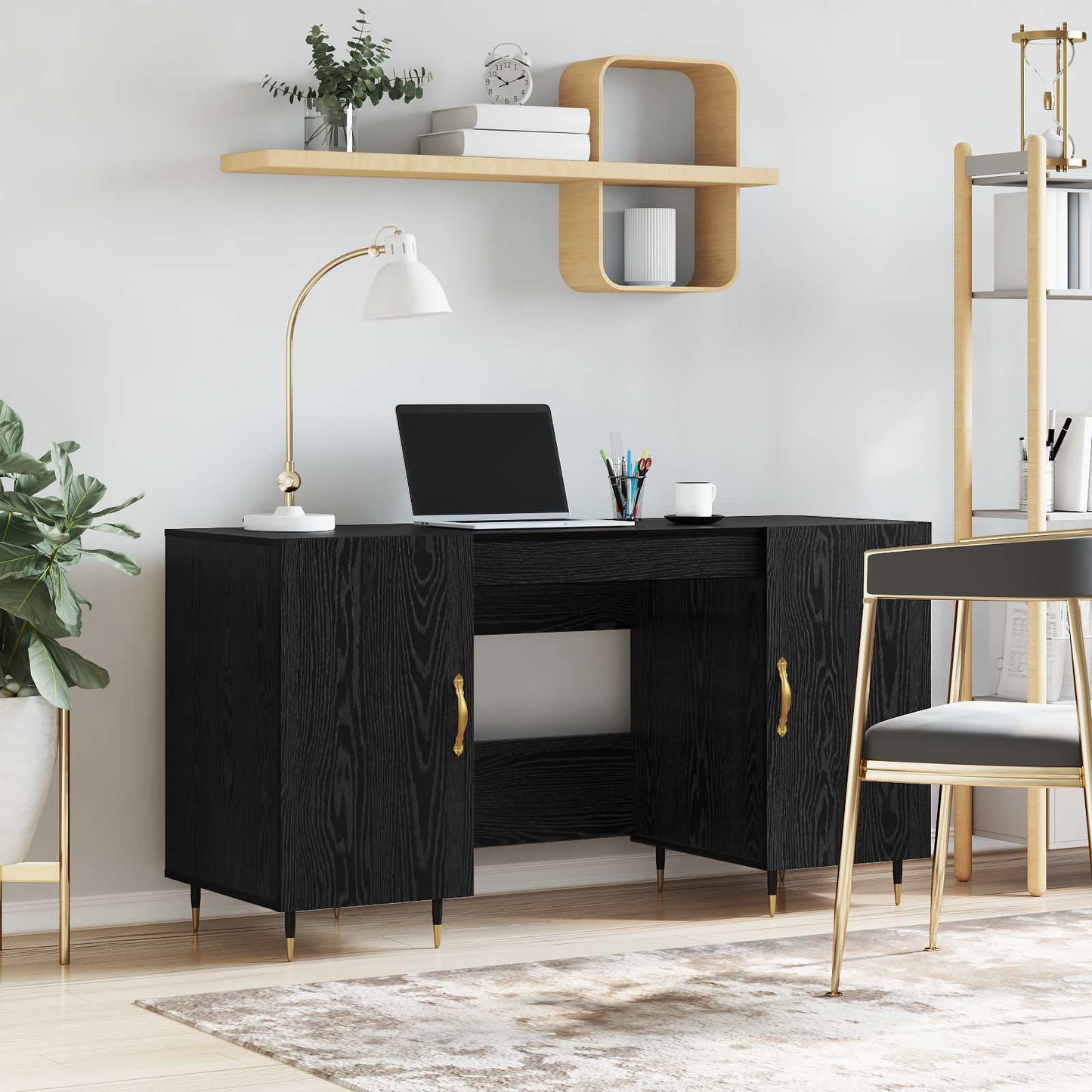 Skrivebord med hylle Svart eik 140 x 50 x 75 cm Konstruert tre