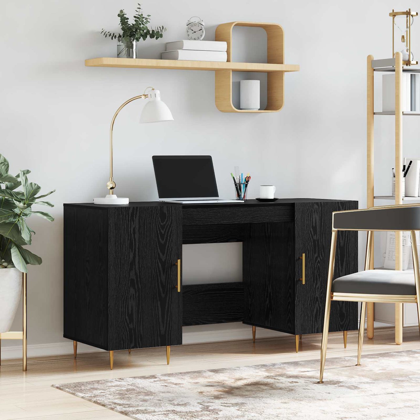 Skrivebord med hylle Svart eik 140 x 50 x 75 cm Konstruert tre