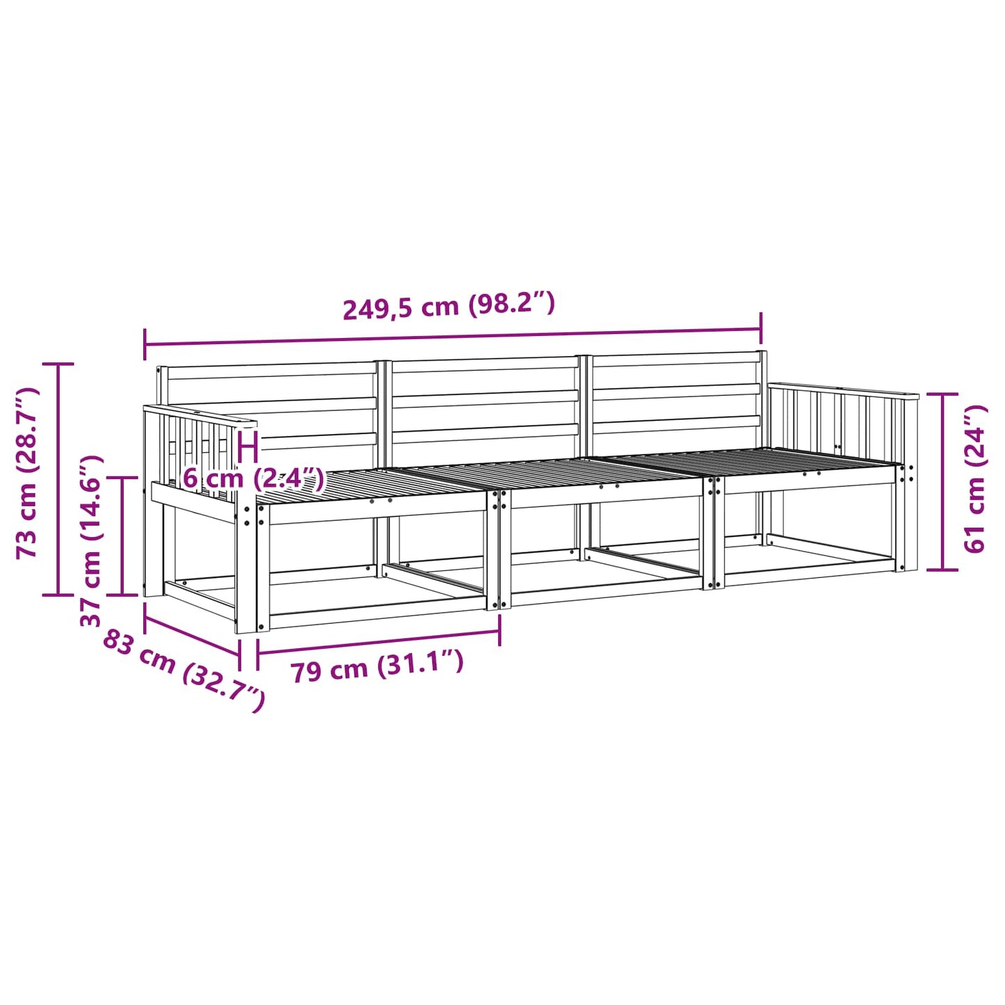 Utendørs sofa-sett 3 pcs Hvit 249,5 x 83 x 73 cm