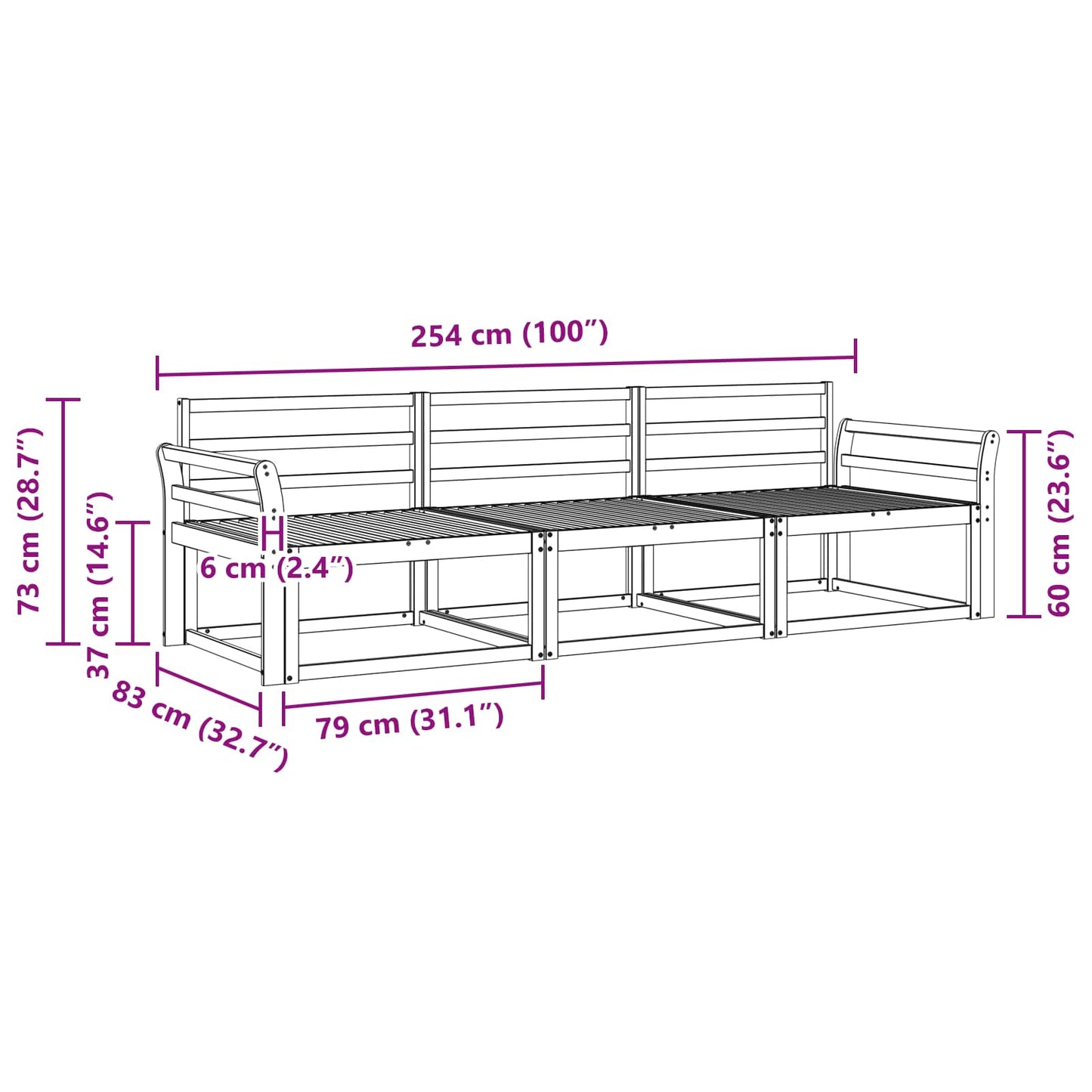 Utendørs sofa-sett 3 pcs Hvit 254 x 83 x 73 cm Solid akasietre