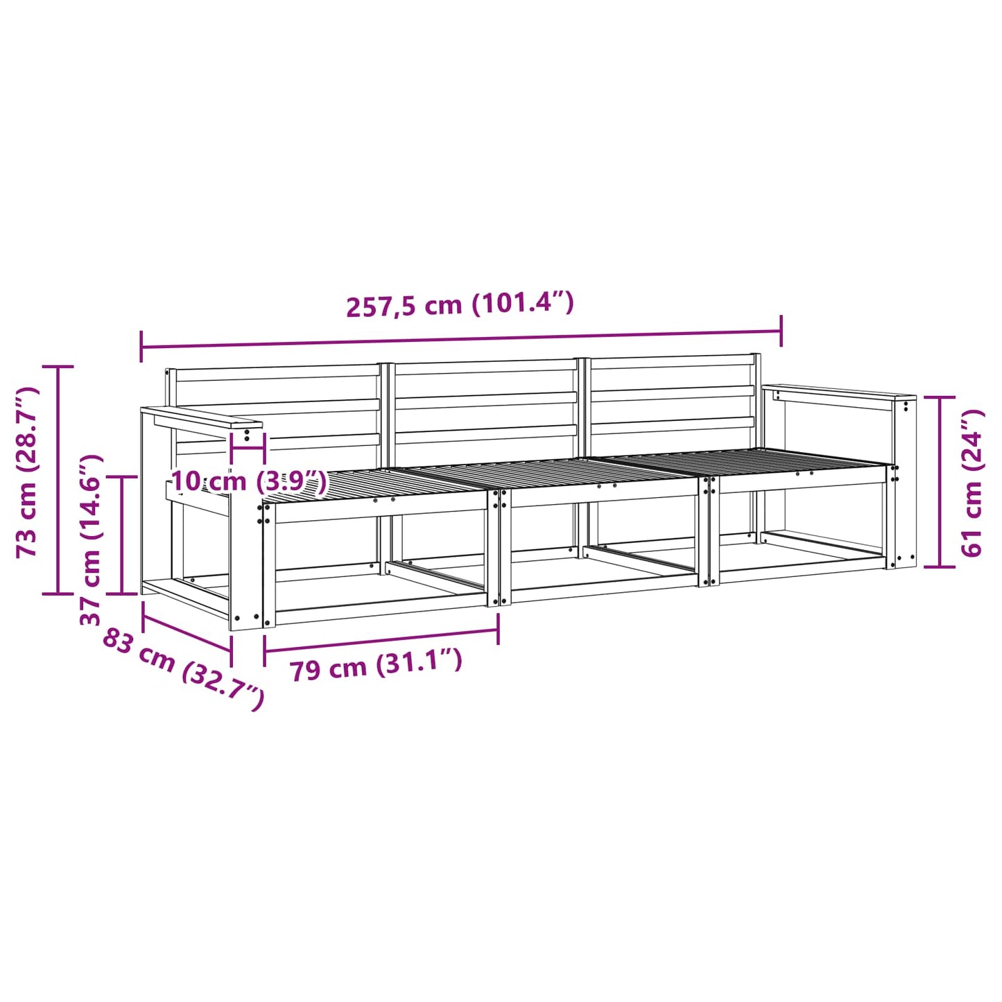 Utendørs sofa-sett 3 pcs Hvit 257,5 x 83 x 73 cm