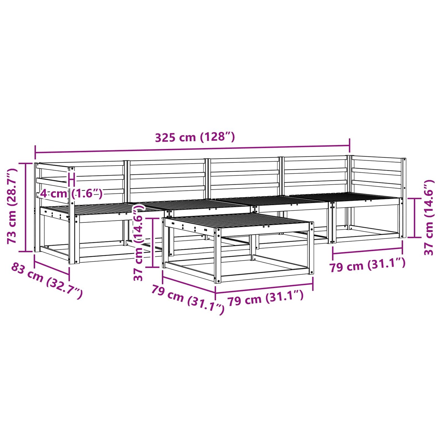 Utendørs sofa-sett 5 pcs Hvit 79 x 79 x 37 cm Solid akasietre
