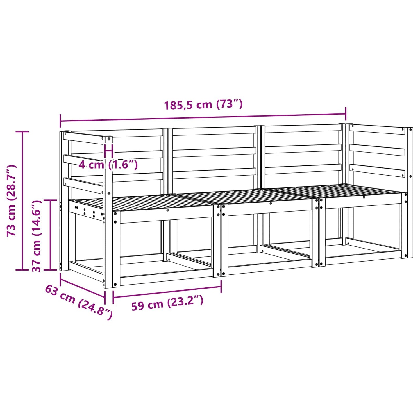 Utendørs sofa-sett 3 pcs Hvit 185,5 x 63 x 73 cm