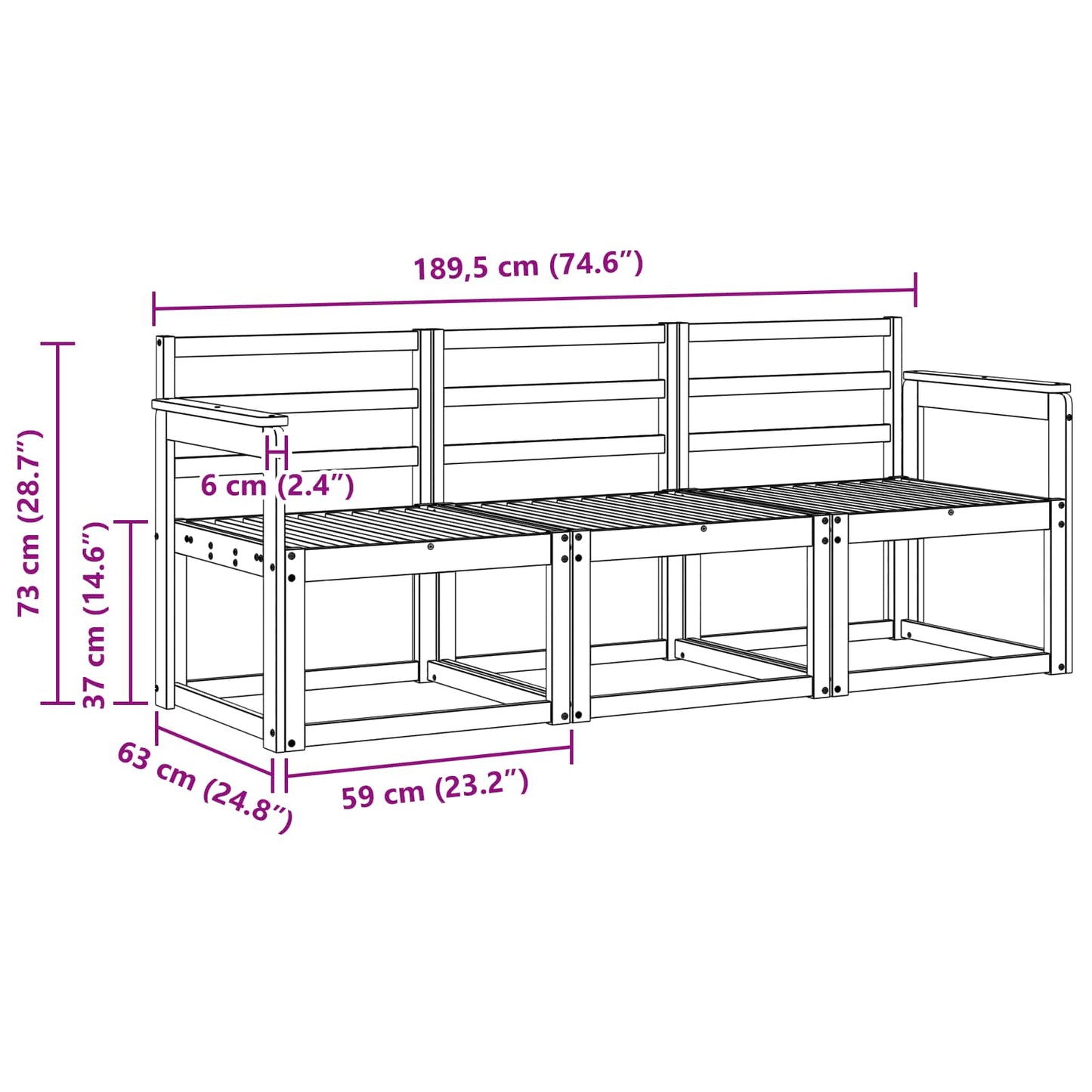 Utendørs sofa-sett 3 pcs Hvit 189,5 x 63 x 73 cm