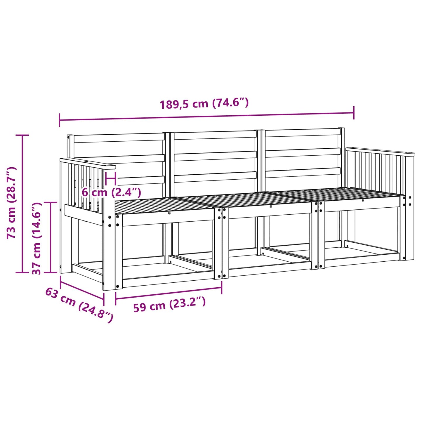 Utendørs sofa-sett 3 pcs Hvit 189,5 x 63 x 73 cm