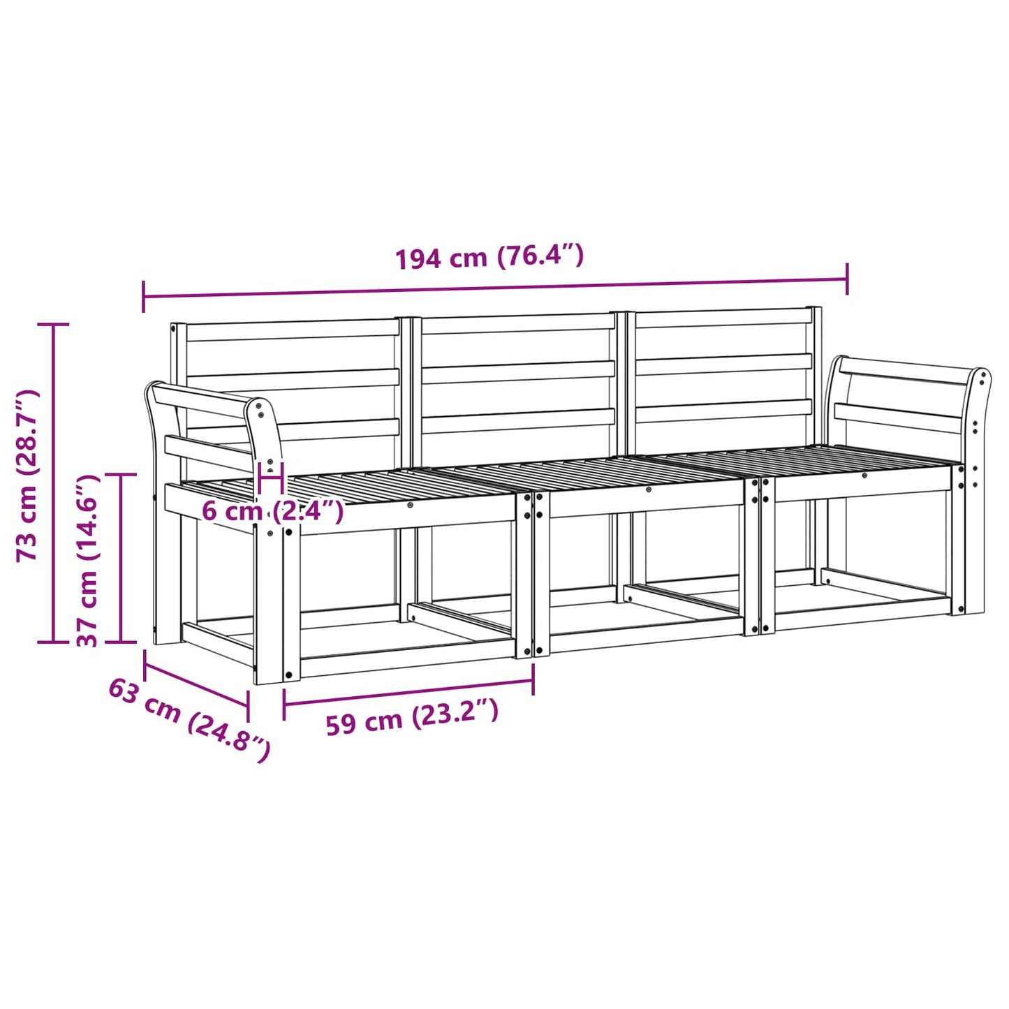 Utendørs sofa-sett 3 pcs Hvit 194 x 63 x 73 cm Solid akasietre