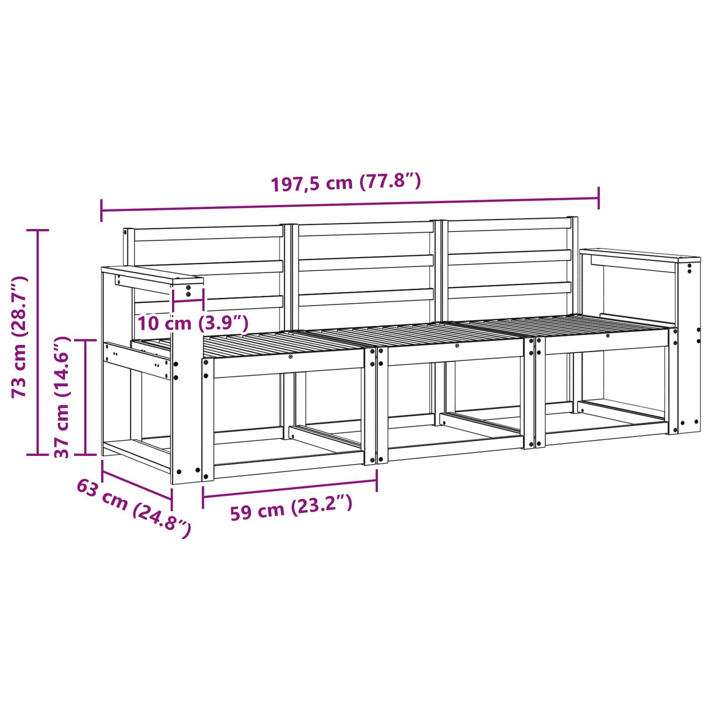 Utendørs sofa-sett 3 pcs Hvit 197,5 x 63 x 73 cm