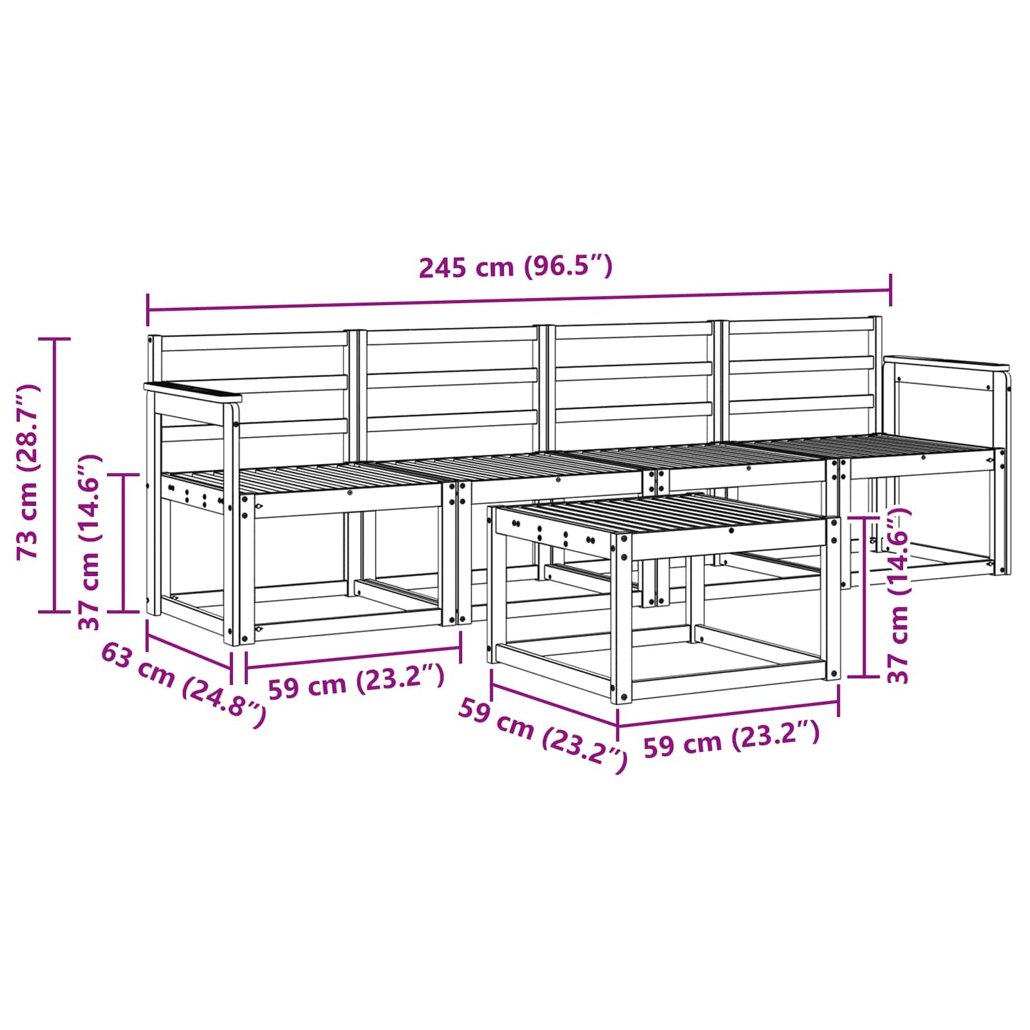 Utendørs sofa-sett 5 pcs Hvit 59 x 59 x 37 cm Solid akasietre