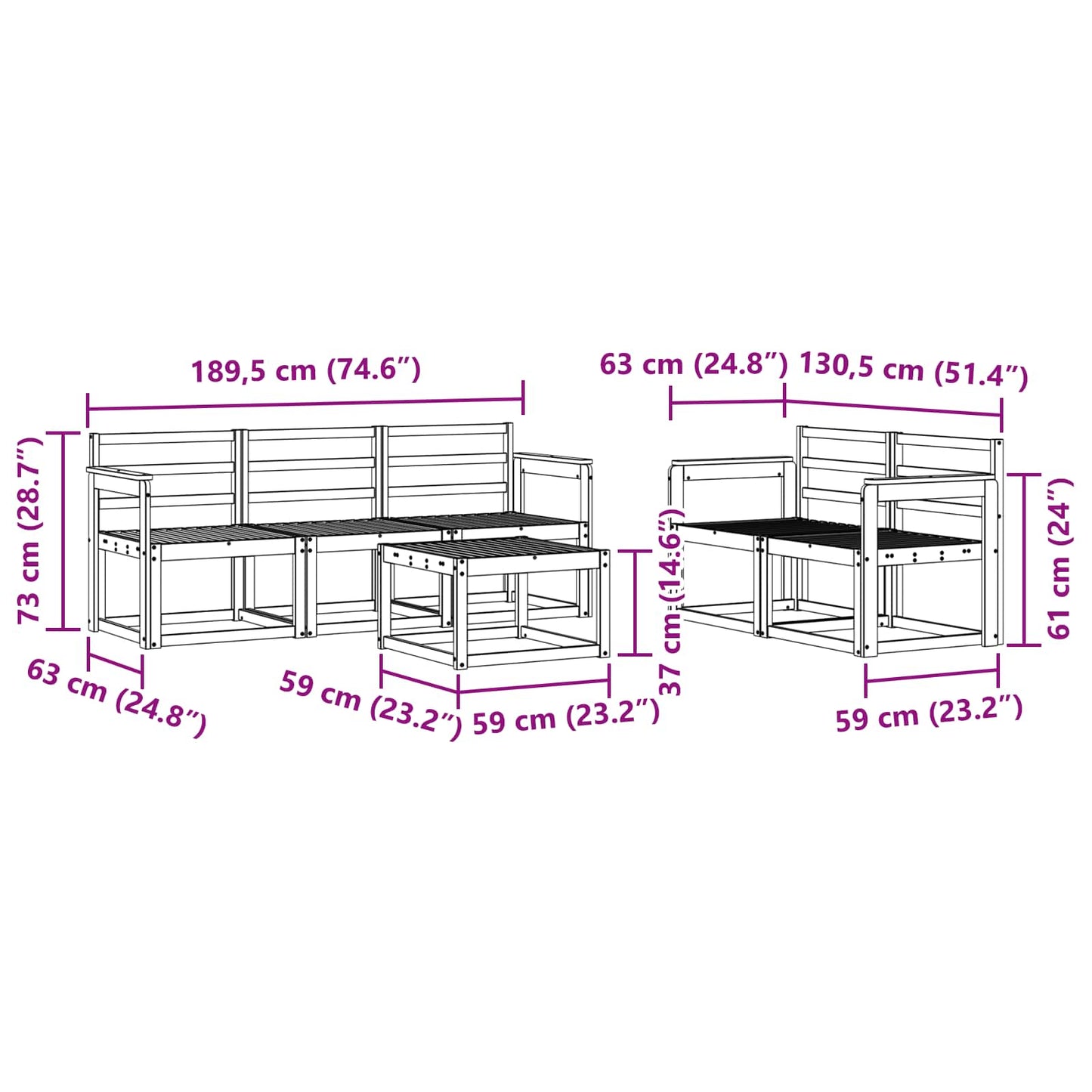 Utendørs sofa-sett 6 pcs Hvit 59 x 59 x 37 cm Solid akasietre