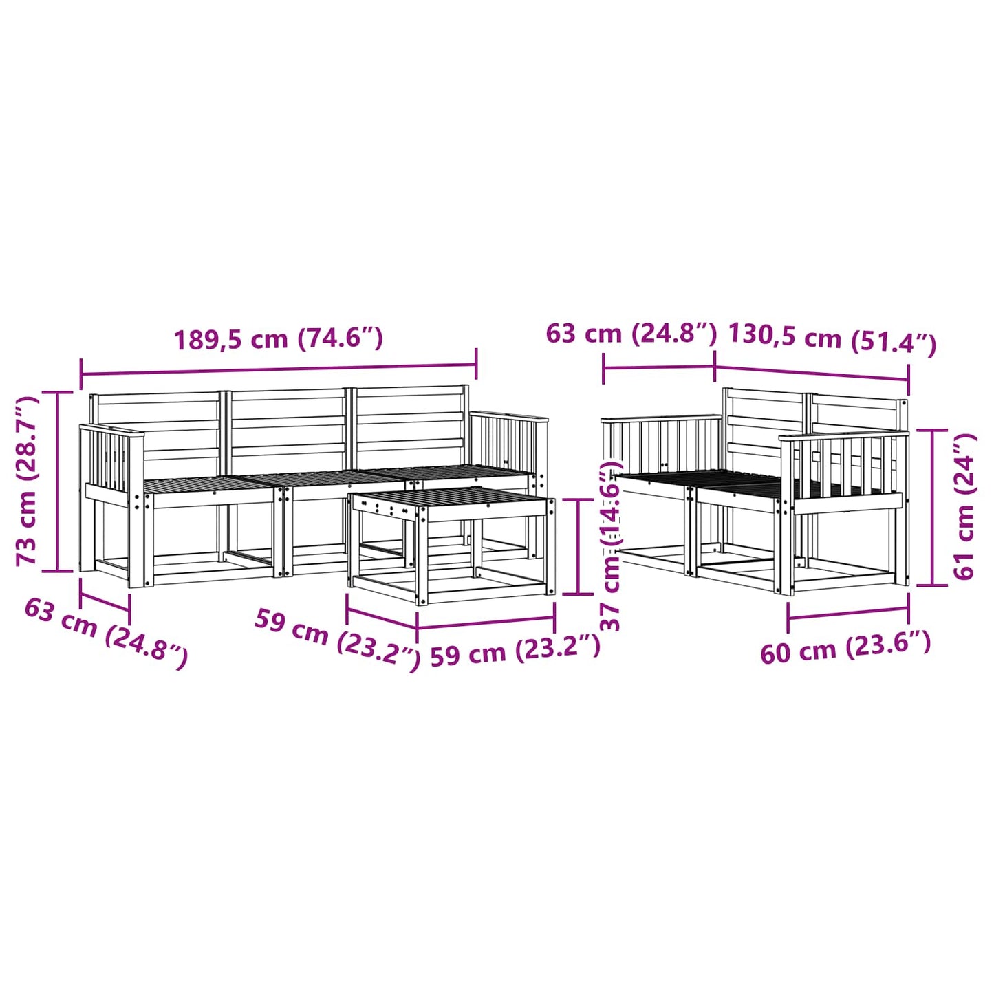 Utendørs sofa-sett 6 pcs Hvit 59 x 59 x 37 cm Solid akasietre