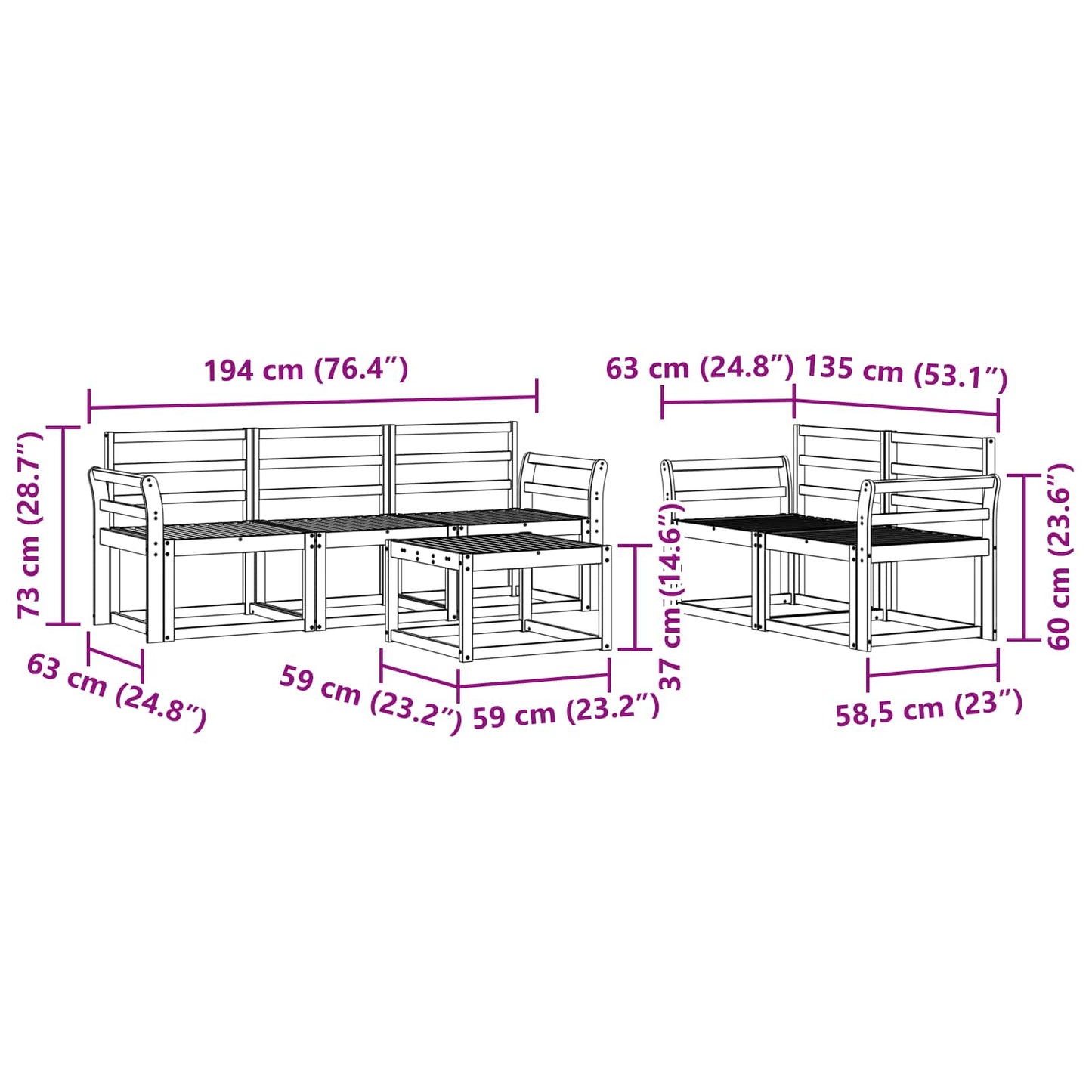 Utendørs sofa-sett 6 pcs Hvit 59 x 59 x 37 cm Solid akasietre