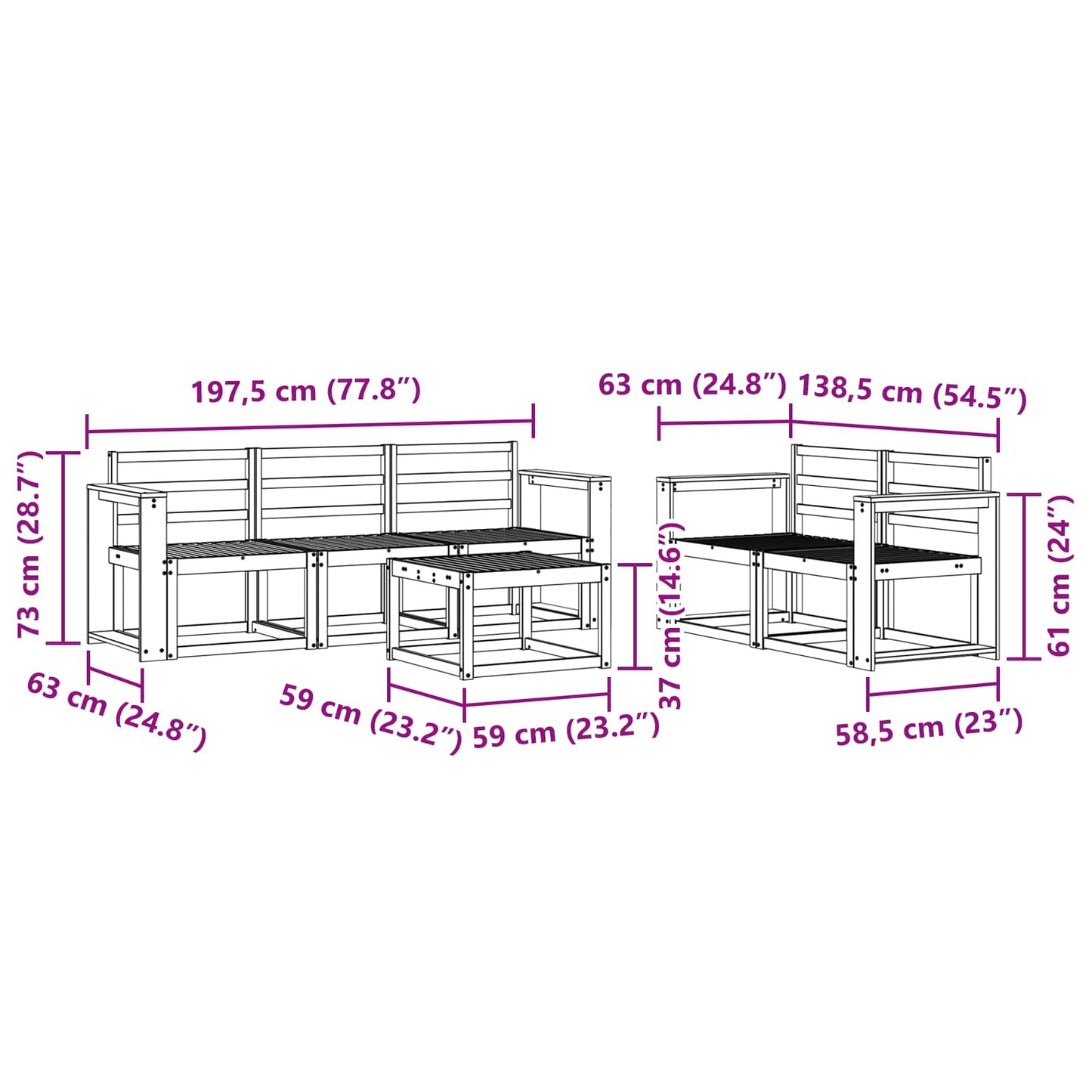 Utendørs sofa-sett 6 pcs Hvit 59 x 59 x 37 cm Solid akasietre